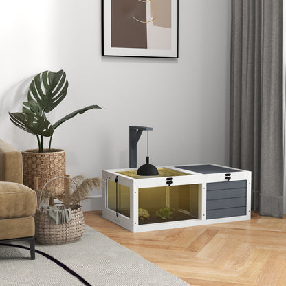 House enclosure cage for small tortoise with 2 spaces, lamp support 2 sliding trays, 81 x 48 x 31.5 cm - solid gray wood