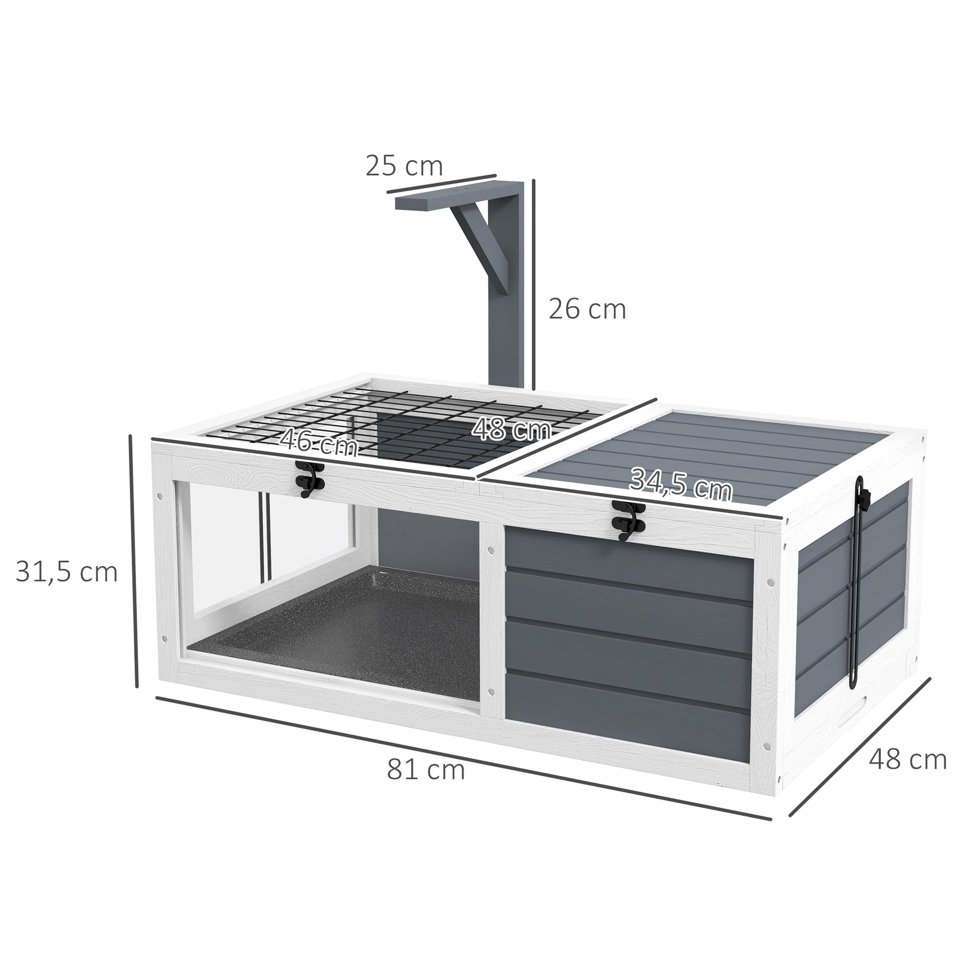House enclosure cage for small tortoise with 2 spaces, lamp support 2 sliding trays, 81 x 48 x 31.5 cm - solid gray wood