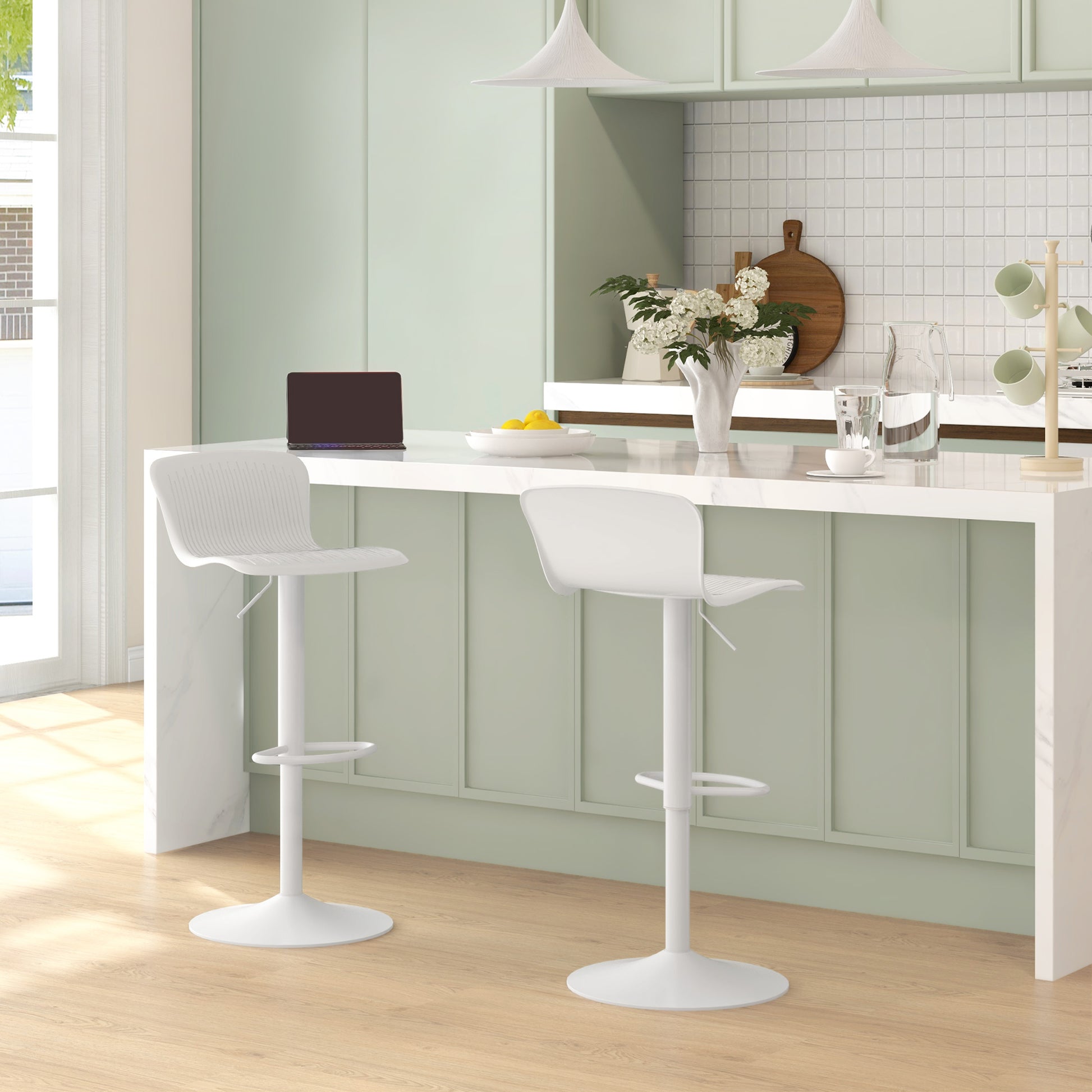 Set of 2 High Kitchen Stools Swivel Kitchen High Chairs with Backrest and Adjustable Height Load 120 kg for Bar Living Room Dining Room White