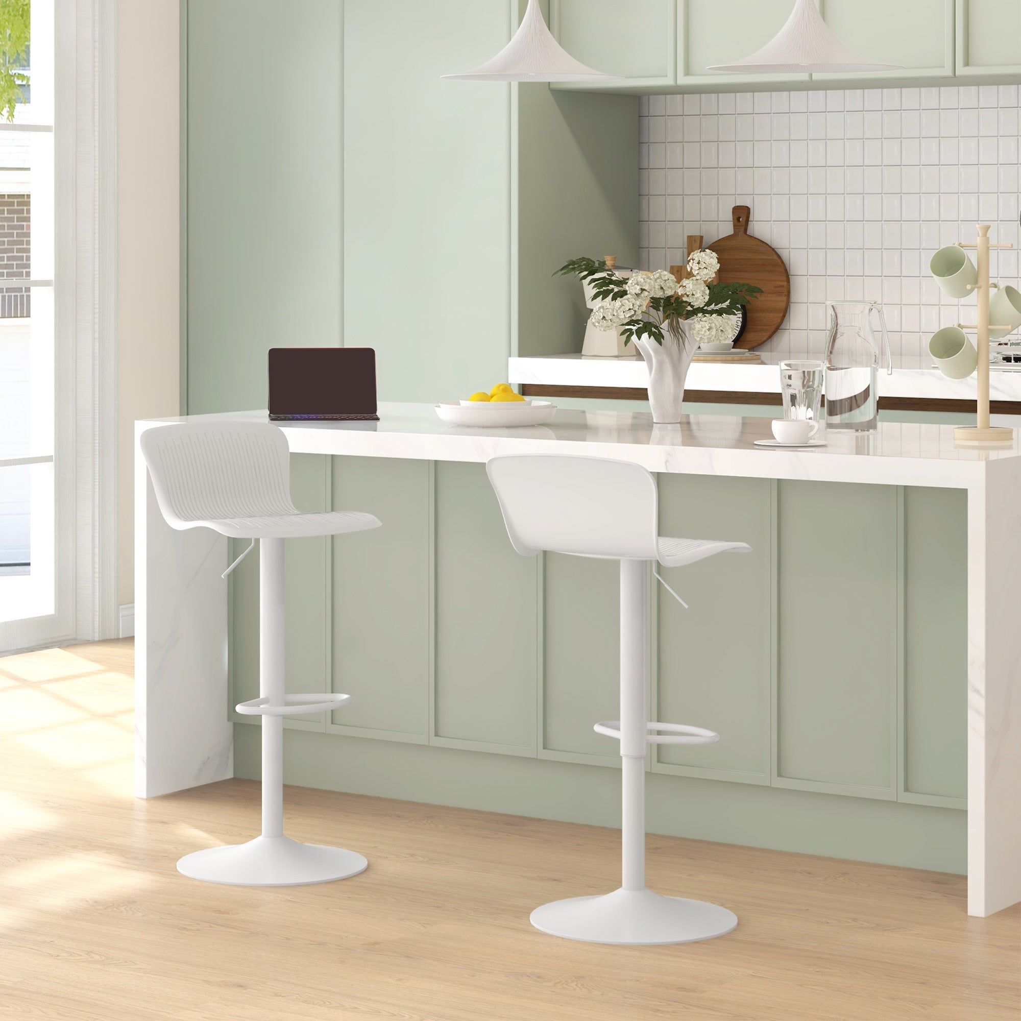 Set of 2 High Kitchen Stools Swivel Kitchen High Chairs with Backrest and Adjustable Height Load 120 kg for Bar Living Room Dining Room White