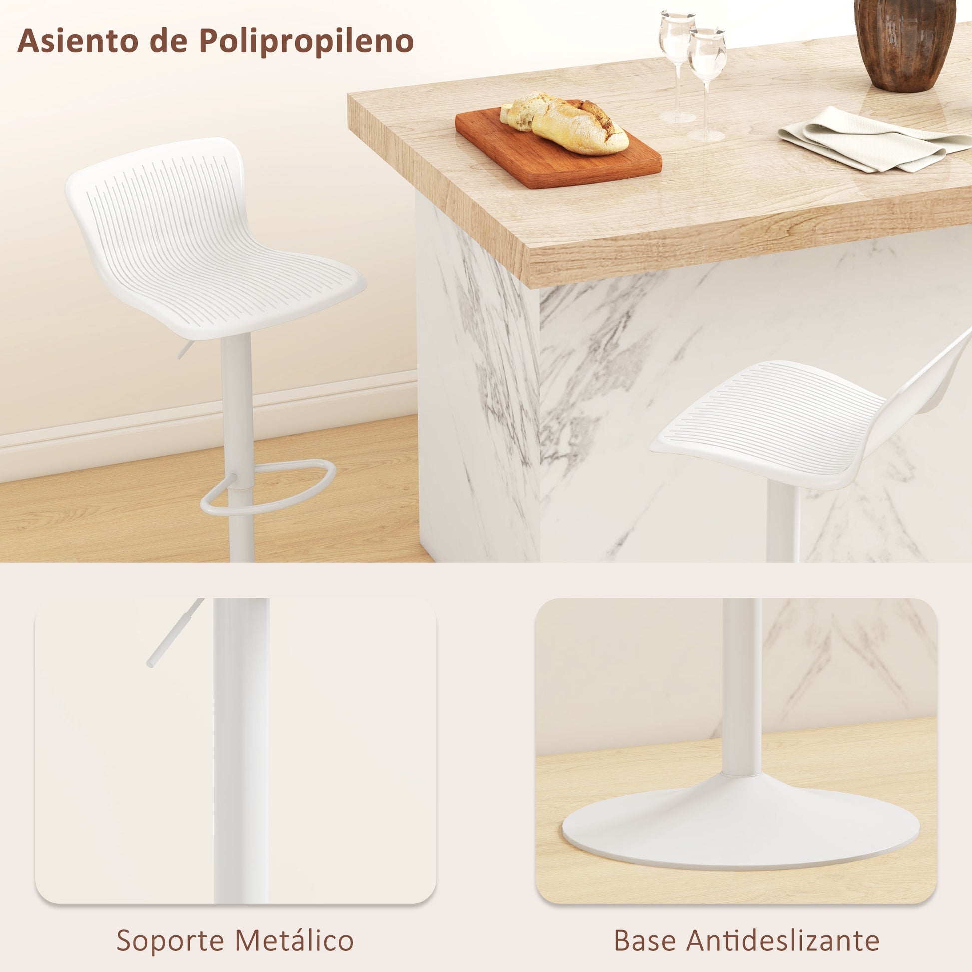 Set of 2 High Kitchen Stools Swivel Kitchen High Chairs with Backrest and Adjustable Height Load 120 kg for Bar Living Room Dining Room White