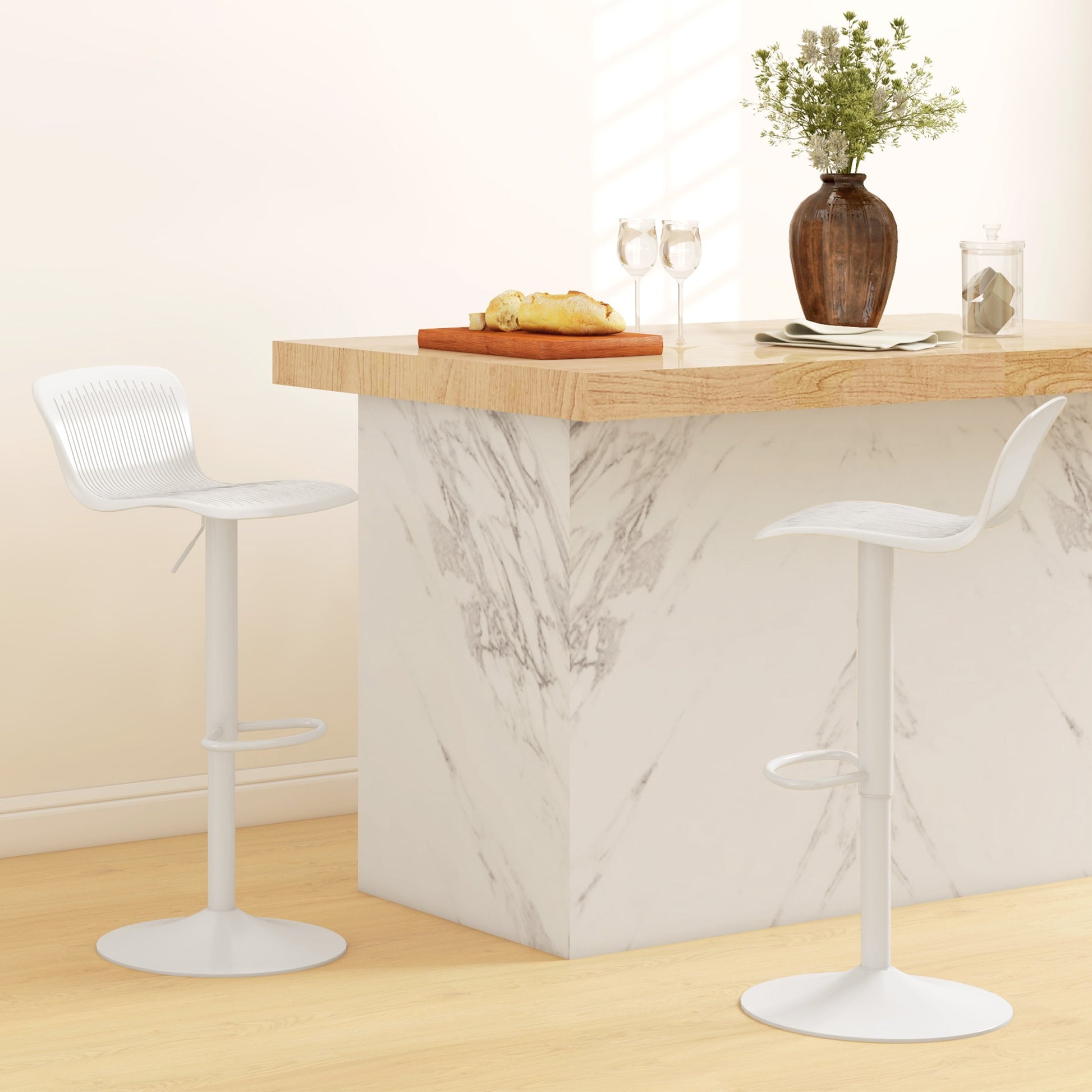Set of 2 High Kitchen Stools Swivel Kitchen High Chairs with Backrest and Adjustable Height Load 120 kg for Bar Living Room Dining Room White