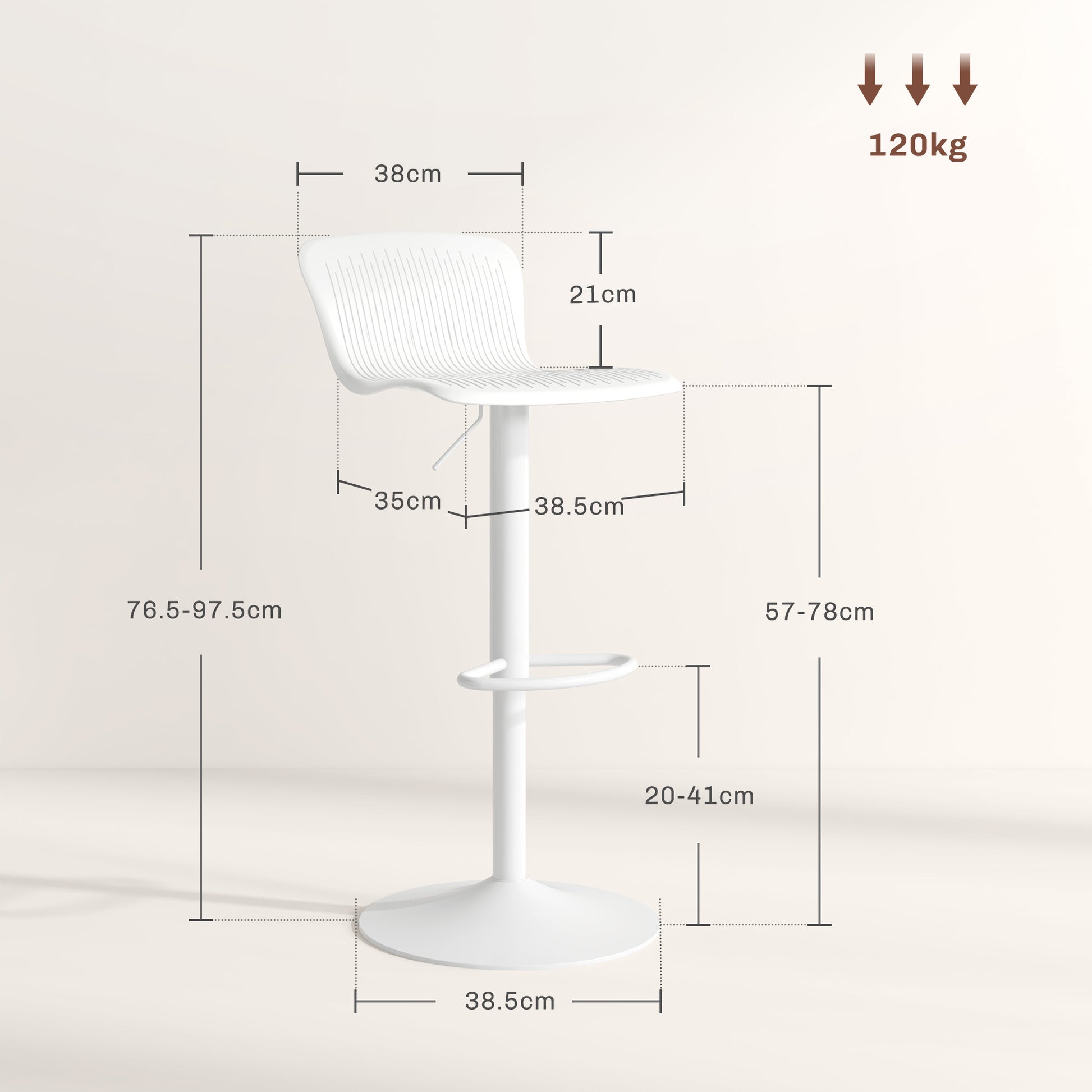 Set of 2 High Kitchen Stools Swivel Kitchen High Chairs with Backrest and Adjustable Height Load 120 kg for Bar Living Room Dining Room White