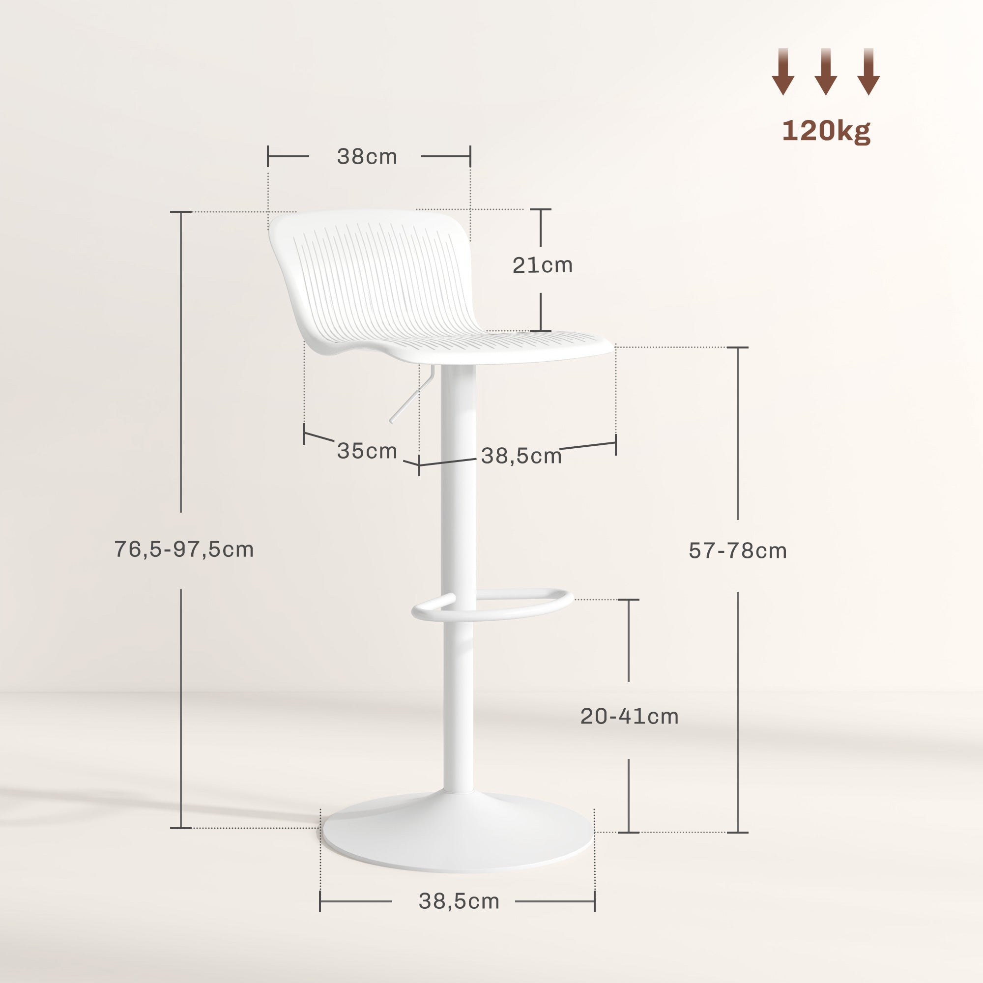 Set of 2 High Kitchen Stools Swivel Kitchen High Chairs with Backrest and Adjustable Height Load 120 kg for Bar Living Room Dining Room White