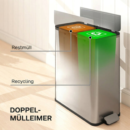 2 x 28L Stainless Steel Kitchen Step Bin with Soft-Close Butterfly Lid, Removable Inner Bins, Fingerprint-Resistant, Silver