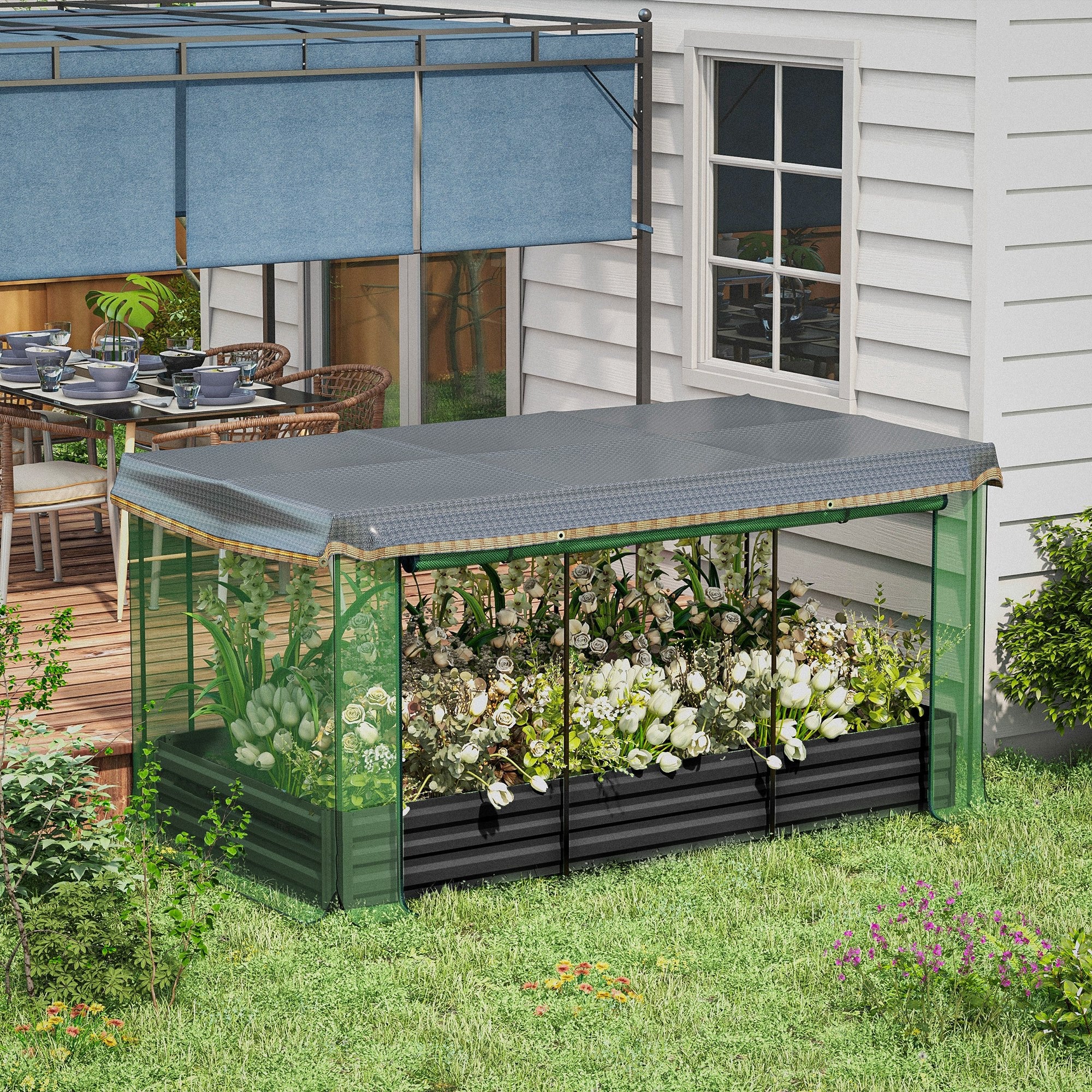 Raised Garden Bed Steel, Planter Box, Flower Box with Bird Protection Net, Sunshade, Garden Bed for Balcony, Terrace, Dark Gray, 230 x 110 x 110 cm