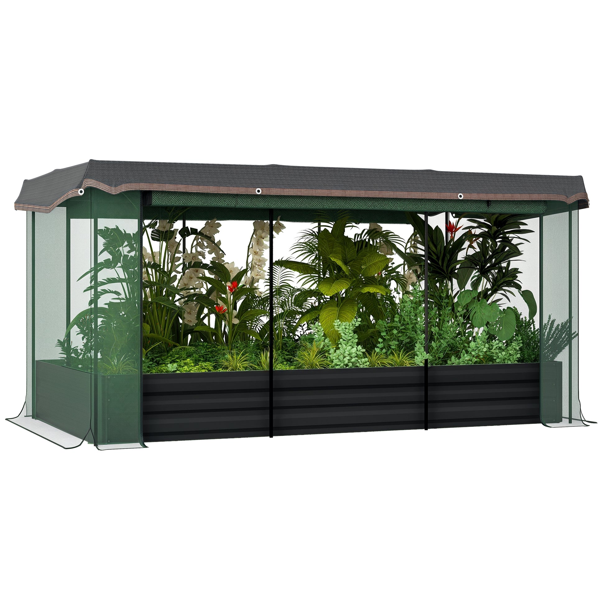 Raised Garden Bed Steel, Planter Box, Flower Box with Bird Protection Net, Sunshade, Garden Bed for Balcony, Terrace, Dark Gray, 230 x 110 x 110 cm