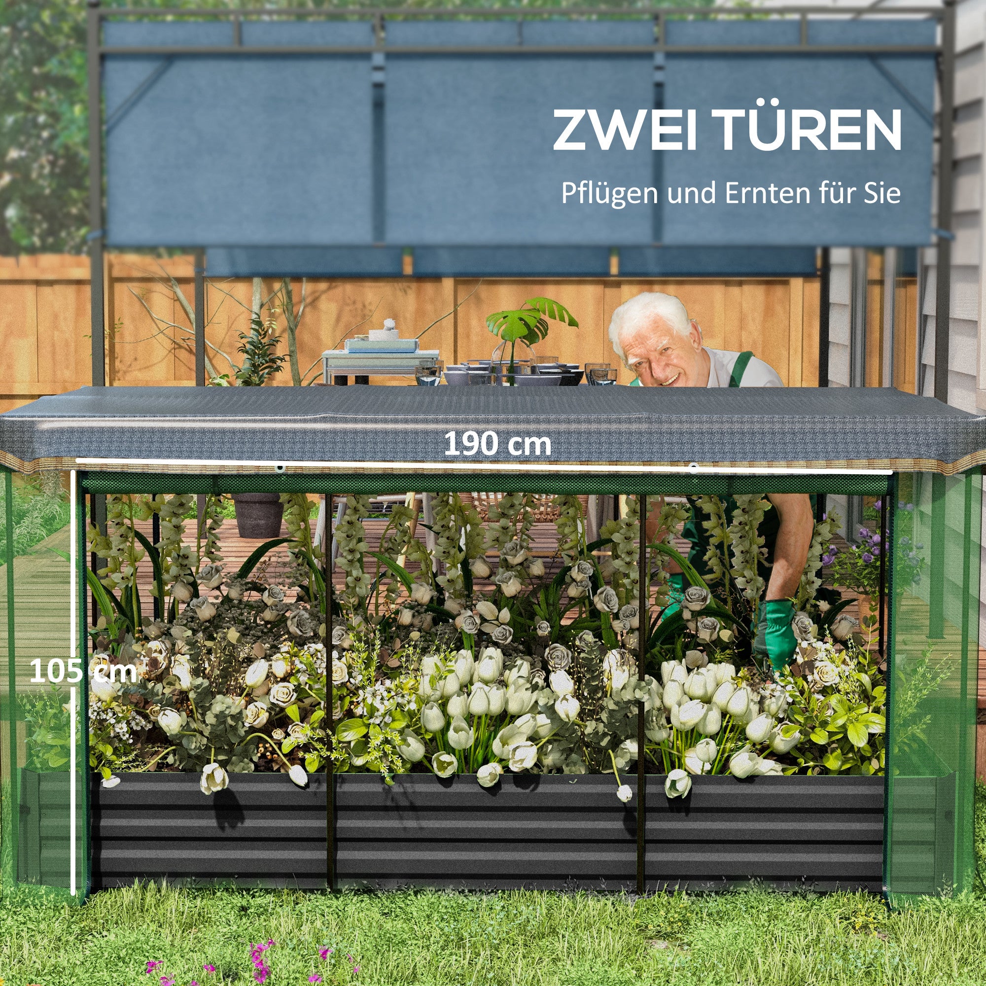 Raised Garden Bed Steel, Planter Box, Flower Box with Bird Protection Net, Sunshade, Garden Bed for Balcony, Terrace, Dark Gray, 230 x 110 x 110 cm