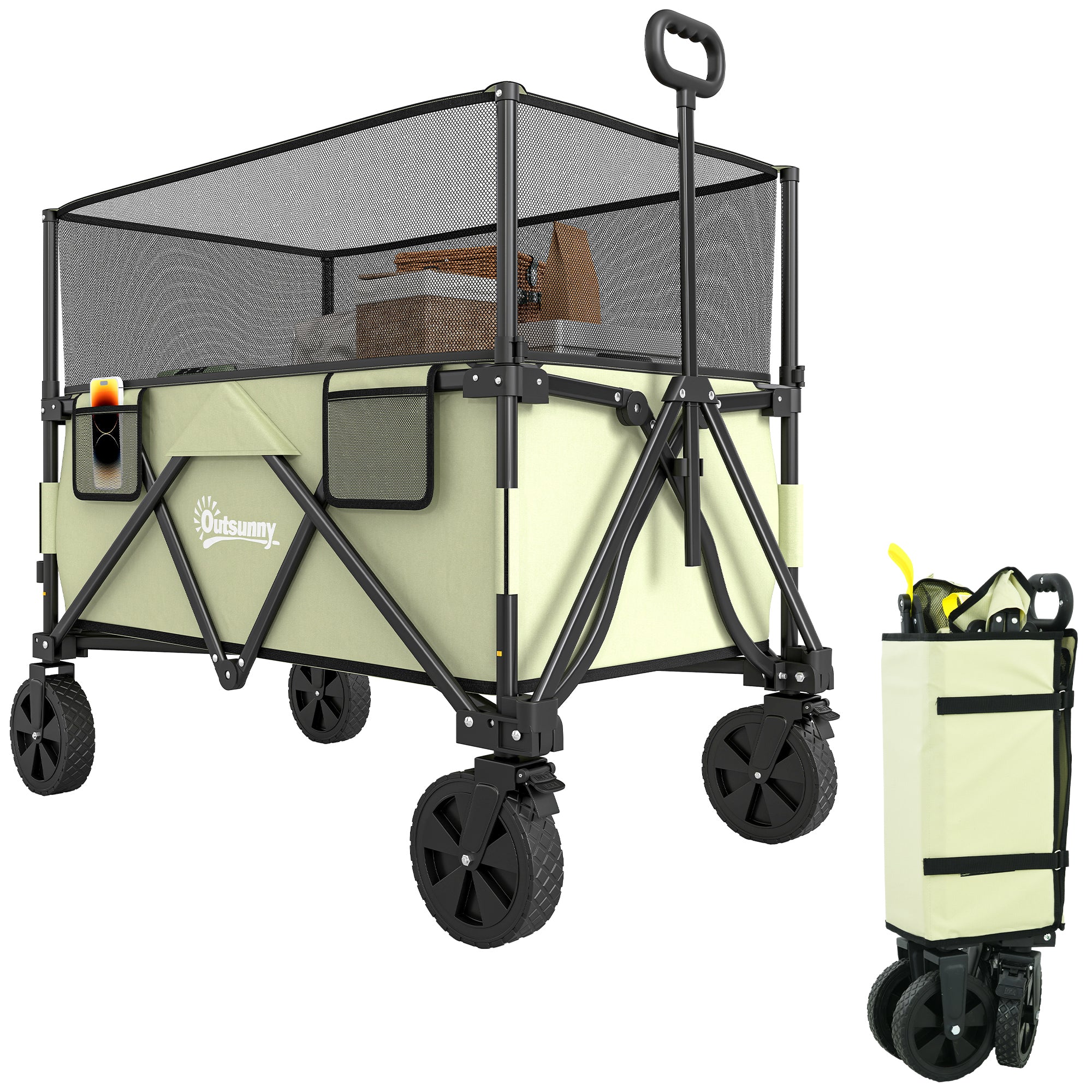 180 L Garden Cart Folding Cart with Adjustable Handle Length and Angle and Extendable Side Walls Load 120 kg for Patio Beach Khaki