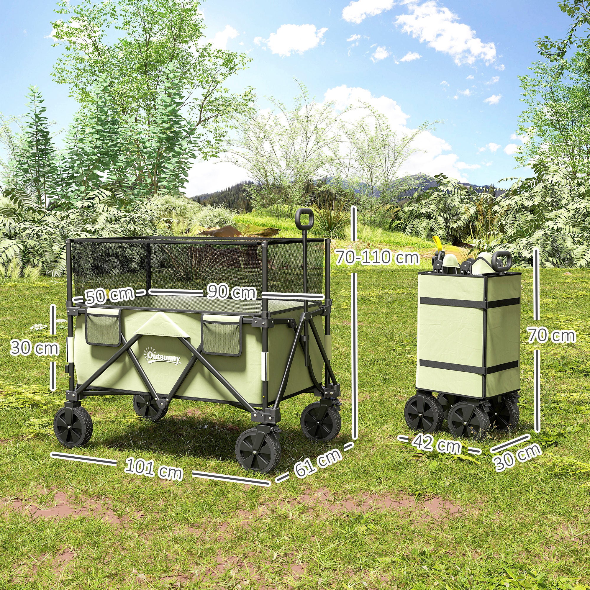 180 L Garden Cart Folding Cart with Adjustable Handle Length and Angle and Extendable Side Walls Load 120 kg for Patio Beach Khaki