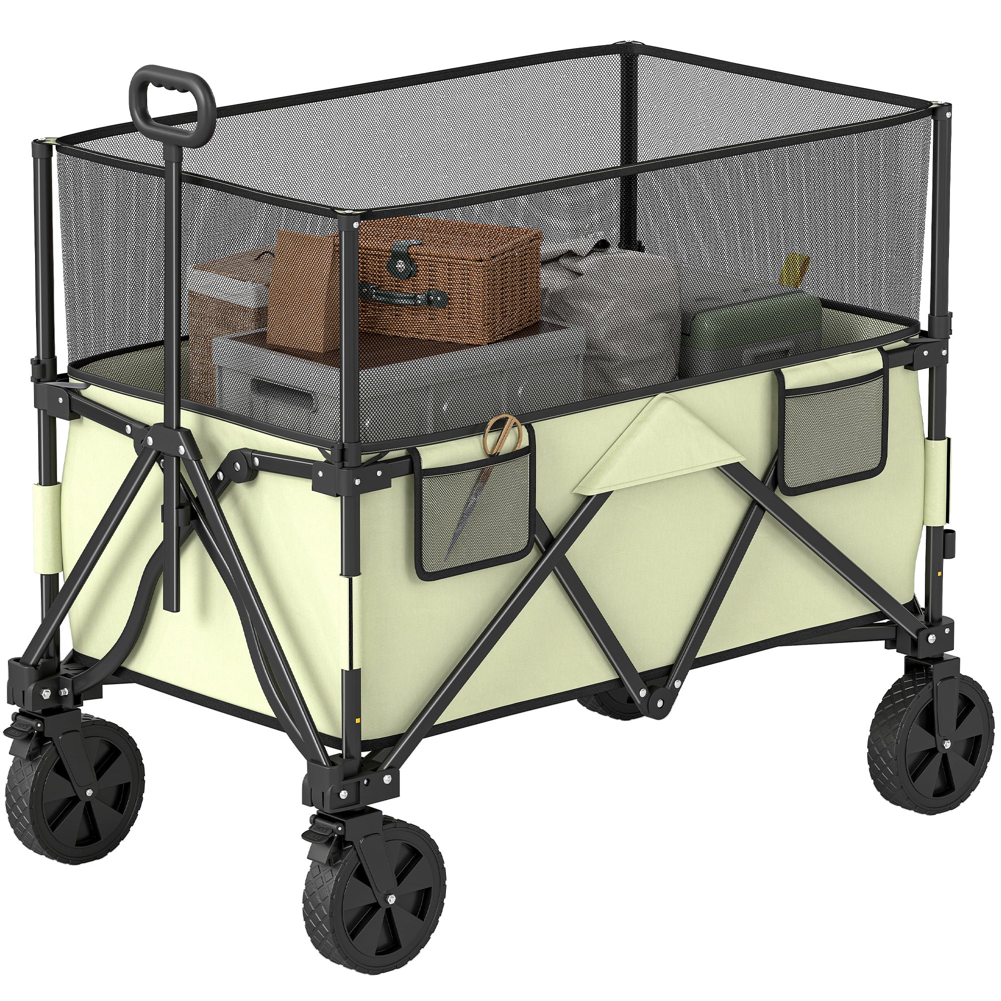 180 L Garden Cart Folding Cart with Adjustable Handle Length and Angle and Extendable Side Walls Load 120 kg for Patio Beach Khaki