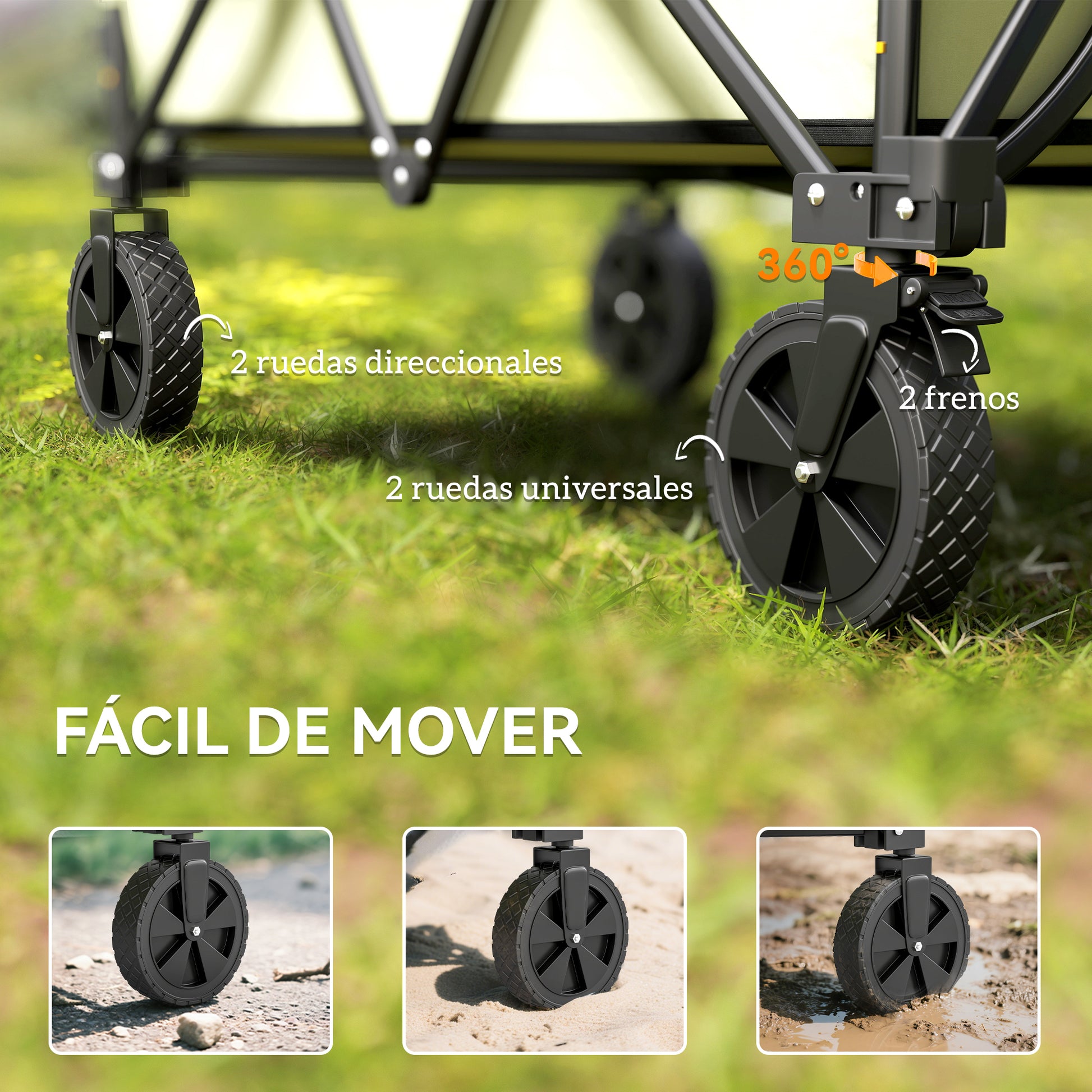 180 L Garden Cart Folding Cart with Adjustable Handle Length and Angle and Extendable Side Walls Load 120 kg for Patio Beach Khaki