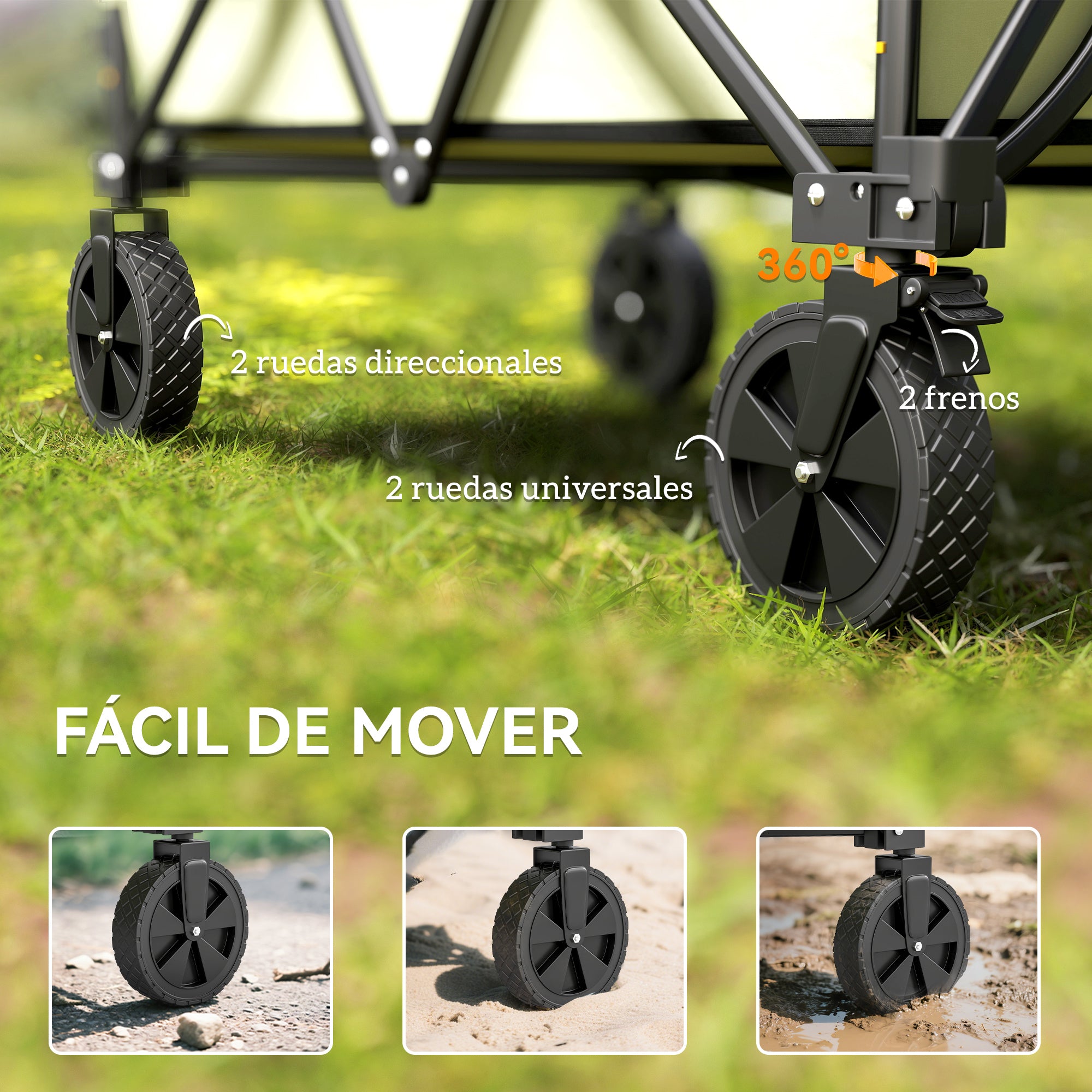180 L Garden Cart Folding Cart with Adjustable Handle Length and Angle and Extendable Side Walls Load 120 kg for Patio Beach Khaki