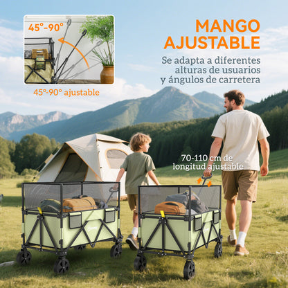 180 L Garden Cart Folding Cart with Adjustable Handle Length and Angle and Extendable Side Walls Load 120 kg for Patio Beach Khaki