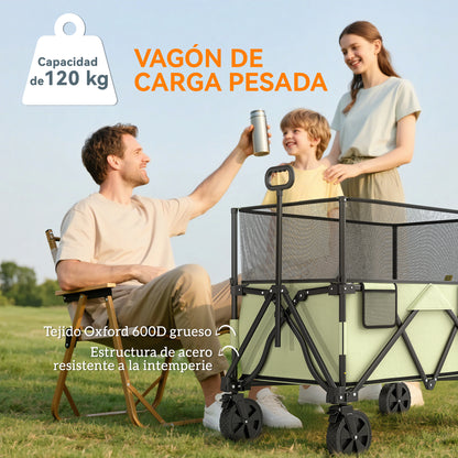 180 L Garden Cart Folding Cart with Adjustable Handle Length and Angle and Extendable Side Walls Load 120 kg for Patio Beach Khaki