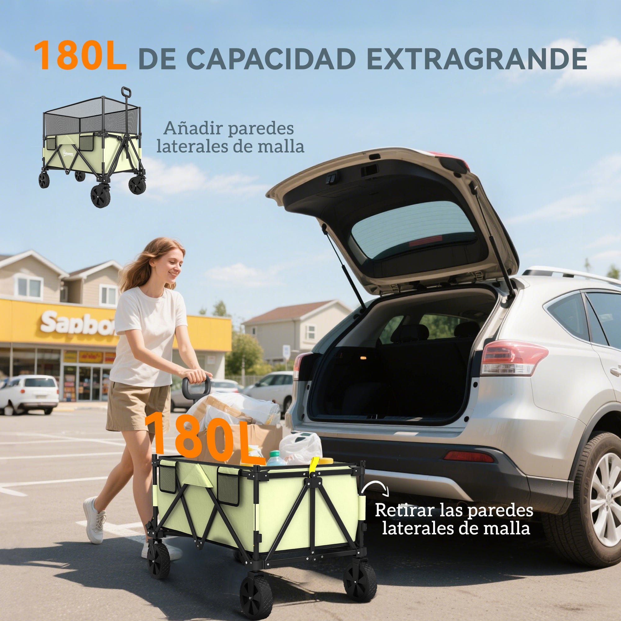 180 L Garden Cart Folding Cart with Adjustable Handle Length and Angle and Extendable Side Walls Load 120 kg for Patio Beach Khaki