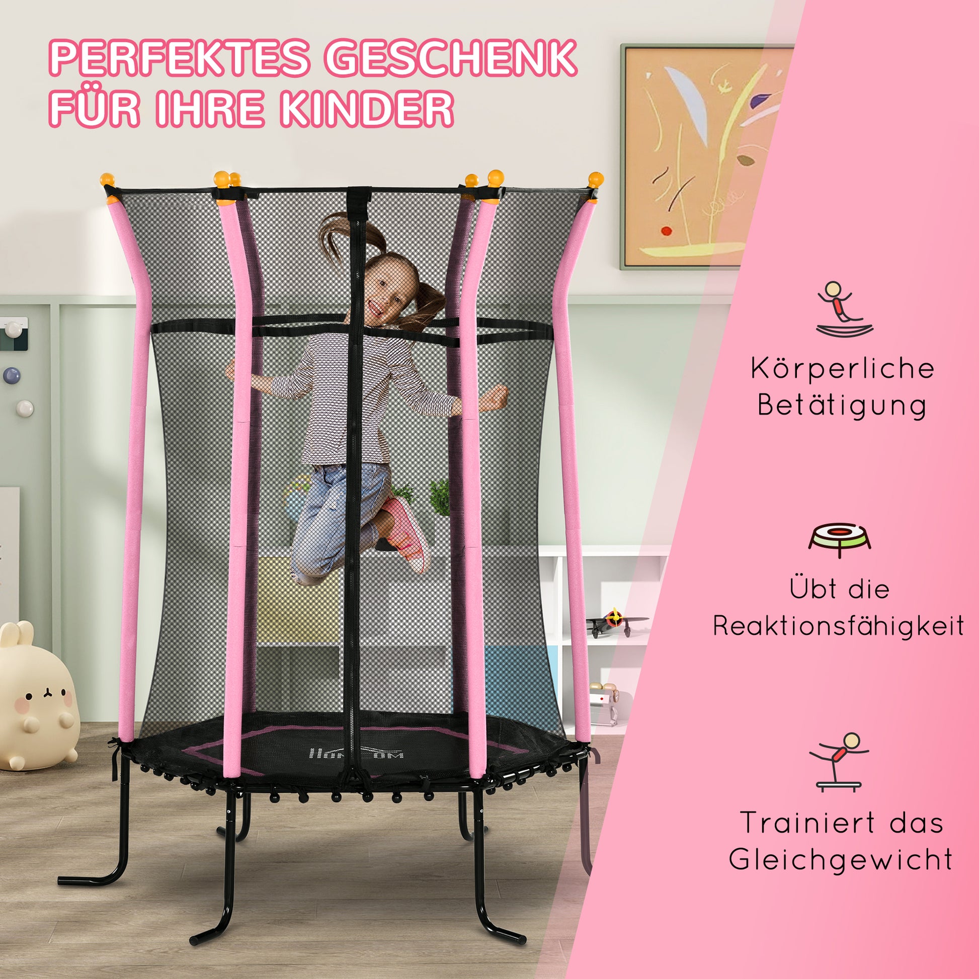 Children's Trampoline Ø163.5 cm, Indoor Trampoline with Safety Net Edge Cover Bungee, Children's Trampoline up to 50 kg, for Children 3-10 Years Pink