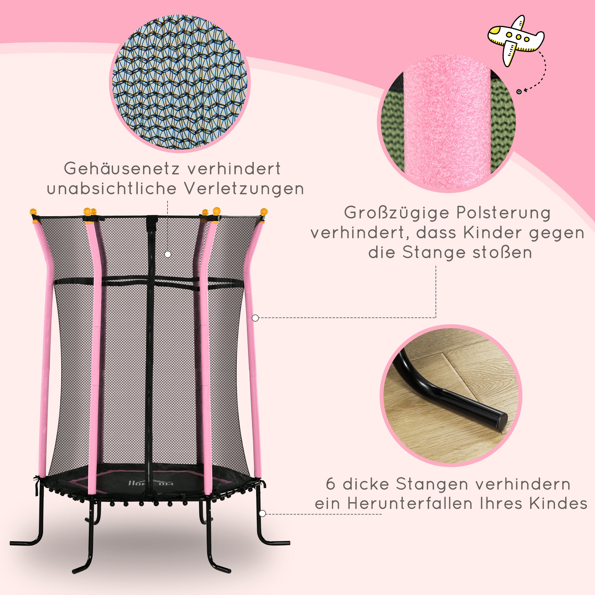 Children's Trampoline Ø163.5 cm, Indoor Trampoline with Safety Net Edge Cover Bungee, Children's Trampoline up to 50 kg, for Children 3-10 Years Pink
