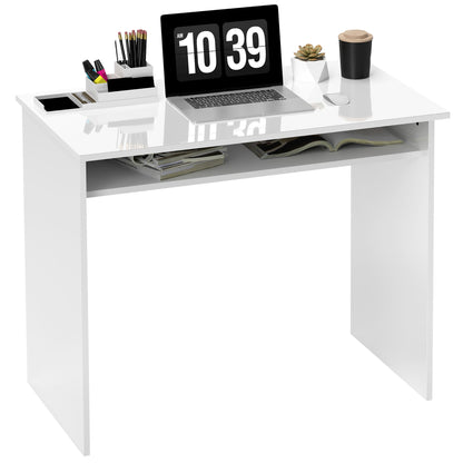 Computer Desk Compact Sleek Office Table with 1 Shelf, Particle Board, dim. 90L x 50W x 74H cm, High Gloss White