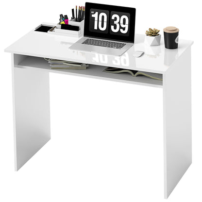 Computer Desk Compact Sleek Office Table with 1 Shelf, Particle Board, dim. 90L x 50W x 74H cm, High Gloss White