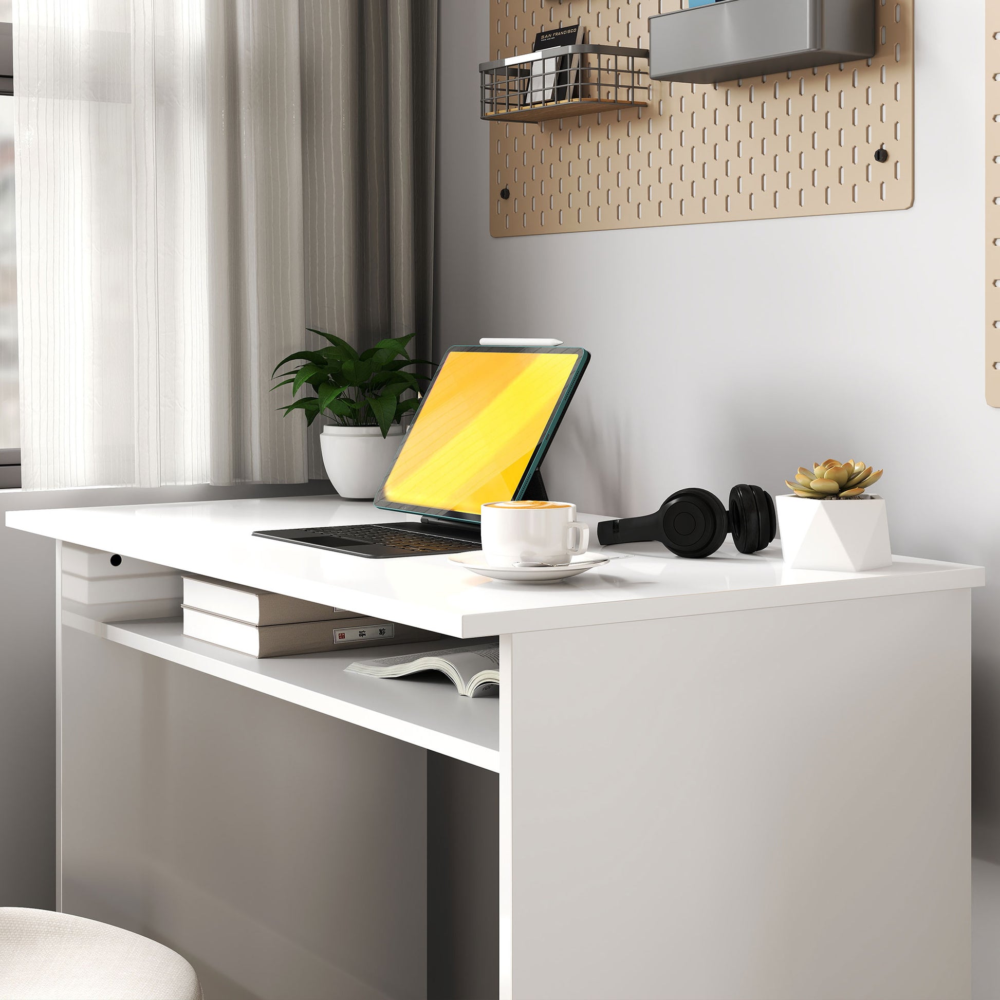 Computer Desk Compact Sleek Office Table with 1 Shelf, Particle Board, dim. 90L x 50W x 74H cm, High Gloss White