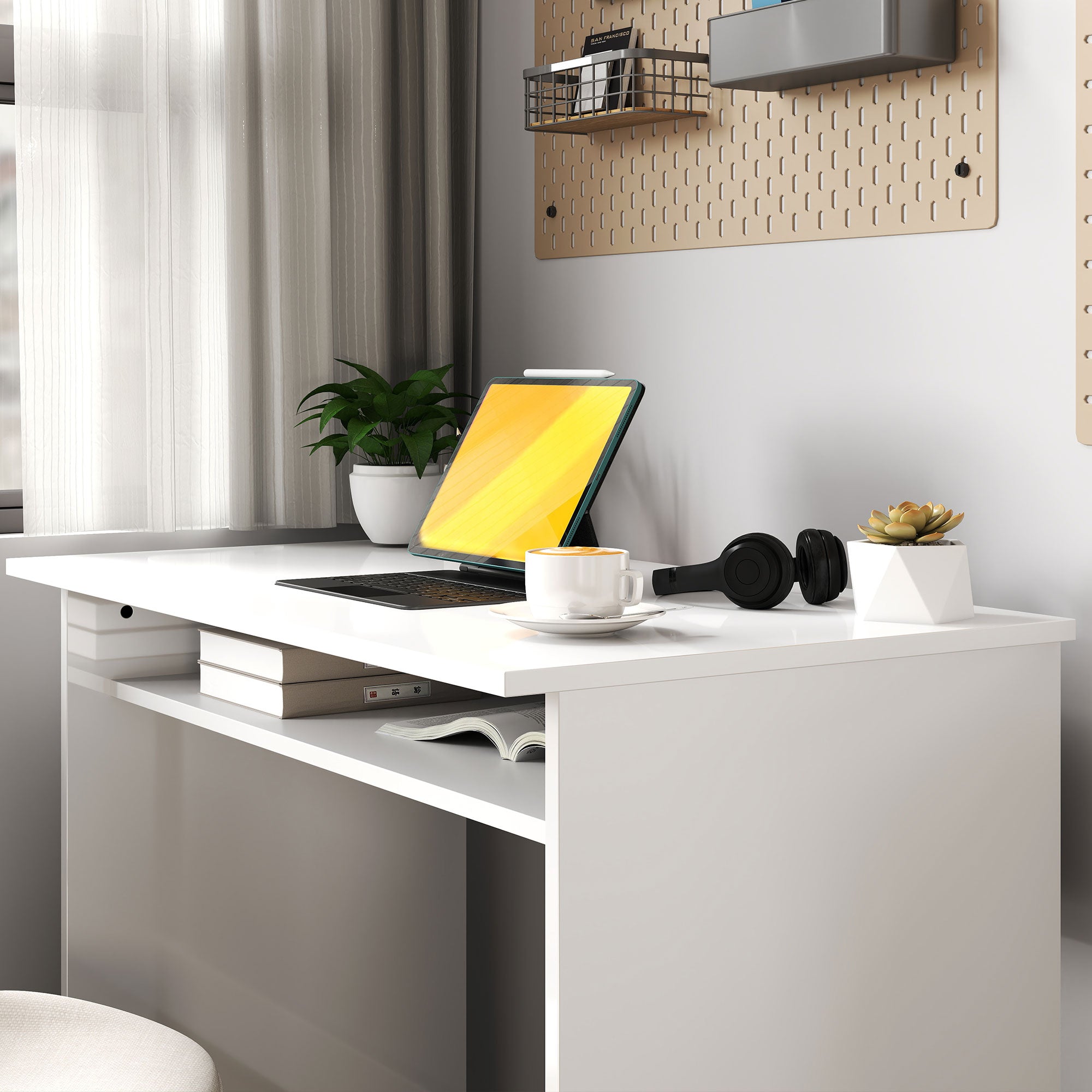 Computer Desk Compact Sleek Office Table with 1 Shelf, Particle Board, dim. 90L x 50W x 74H cm, High Gloss White