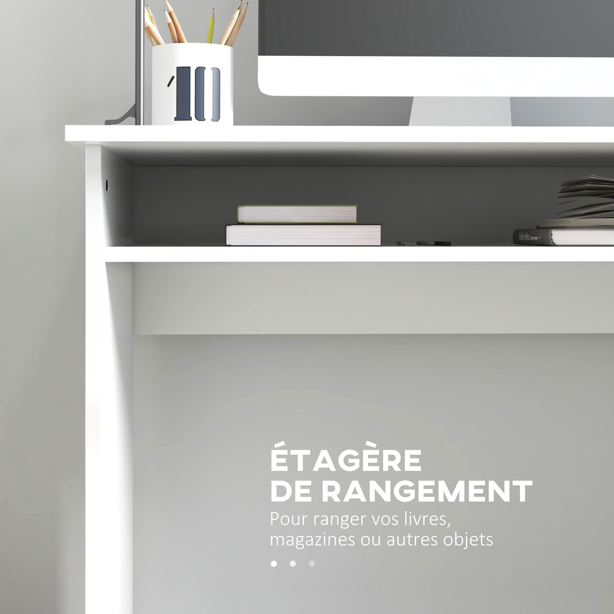 Computer Desk Compact Sleek Office Table with 1 Shelf, Particle Board, dim. 90L x 50W x 74H cm, High Gloss White