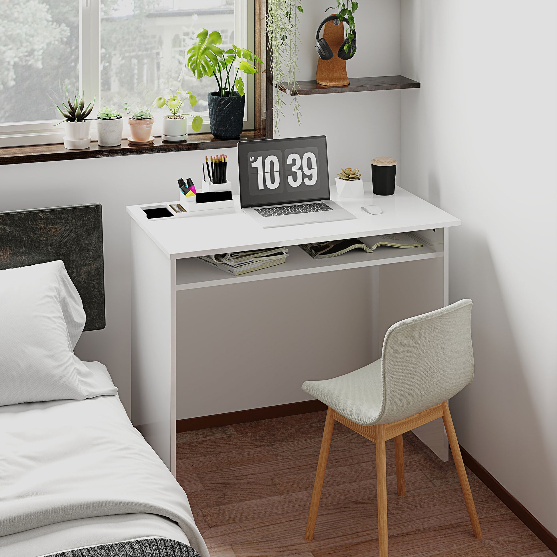 Computer Desk Compact Sleek Office Table with 1 Shelf, Particle Board, dim. 90L x 50W x 74H cm, High Gloss White