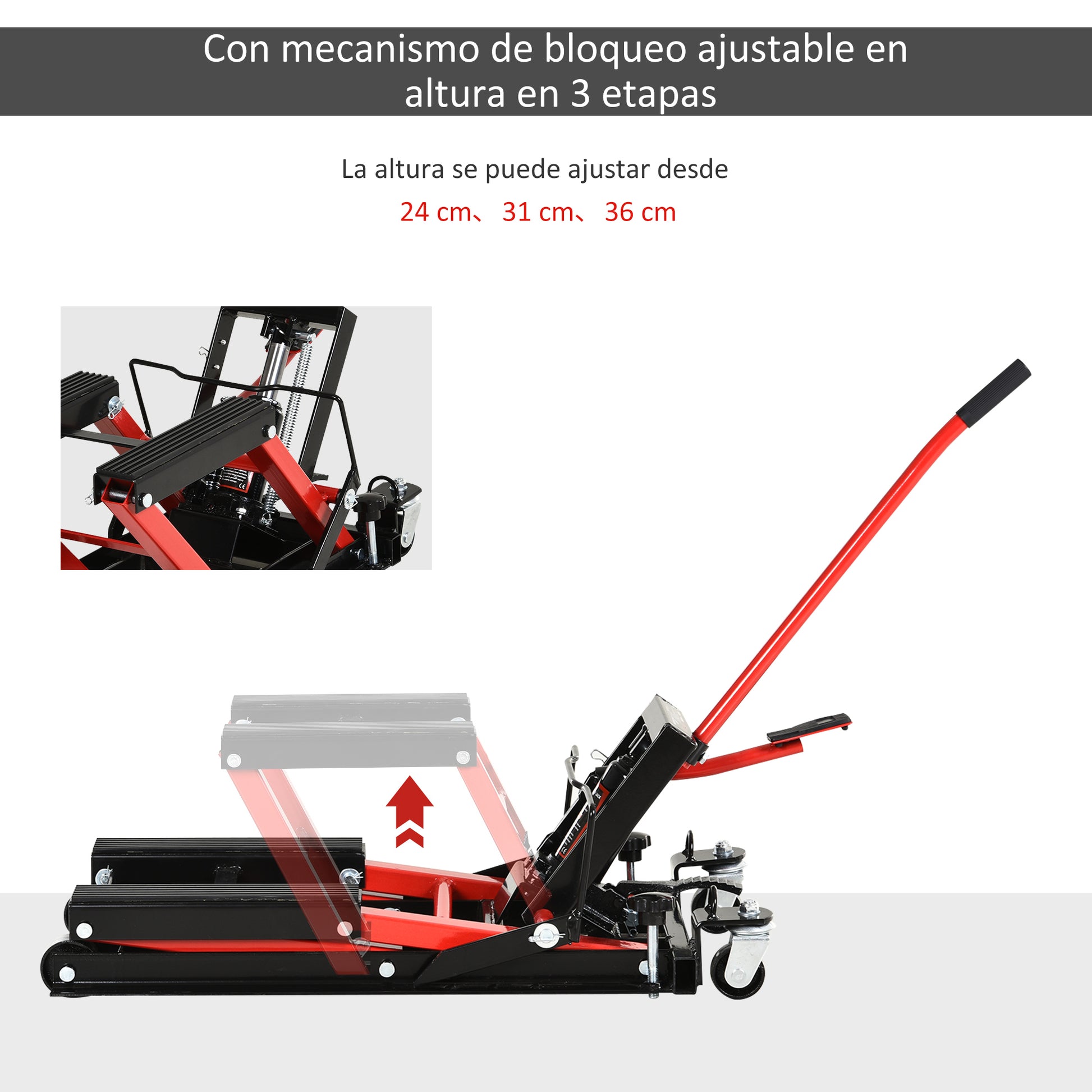 Motorcycle Hydraulic Jack Stand 680 kg ATV Lift for Garage Track Adjustable Height 24-36 cm with High Strength Non-Slip Pad Platform 110x36x67 cm Black and Red