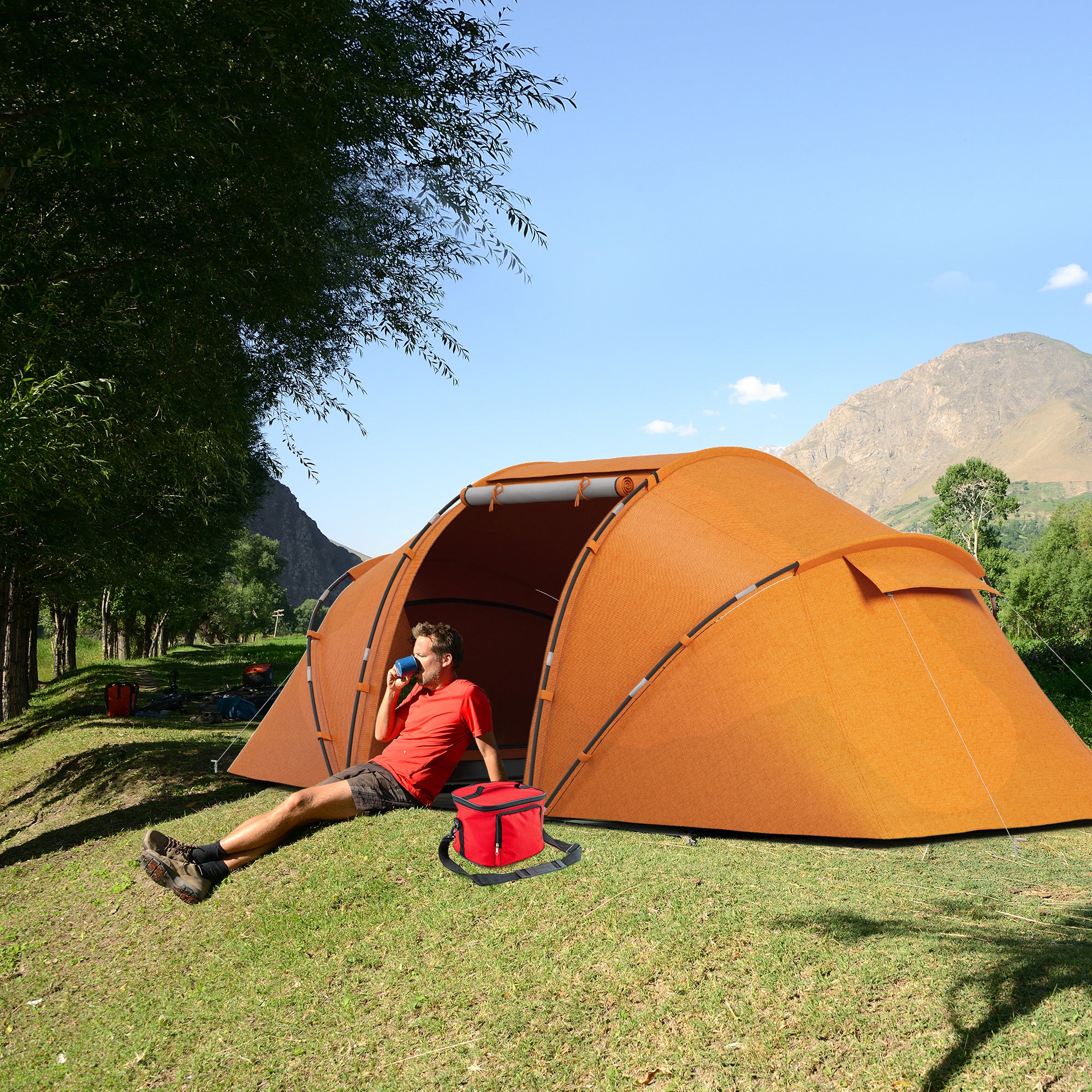 Tunnel Tent for 4–6 People – Waterproof 2000mm Family Camping Tent with Groundsheet and Entrance, Ideal for Travel, Trekking & Garden – Orange