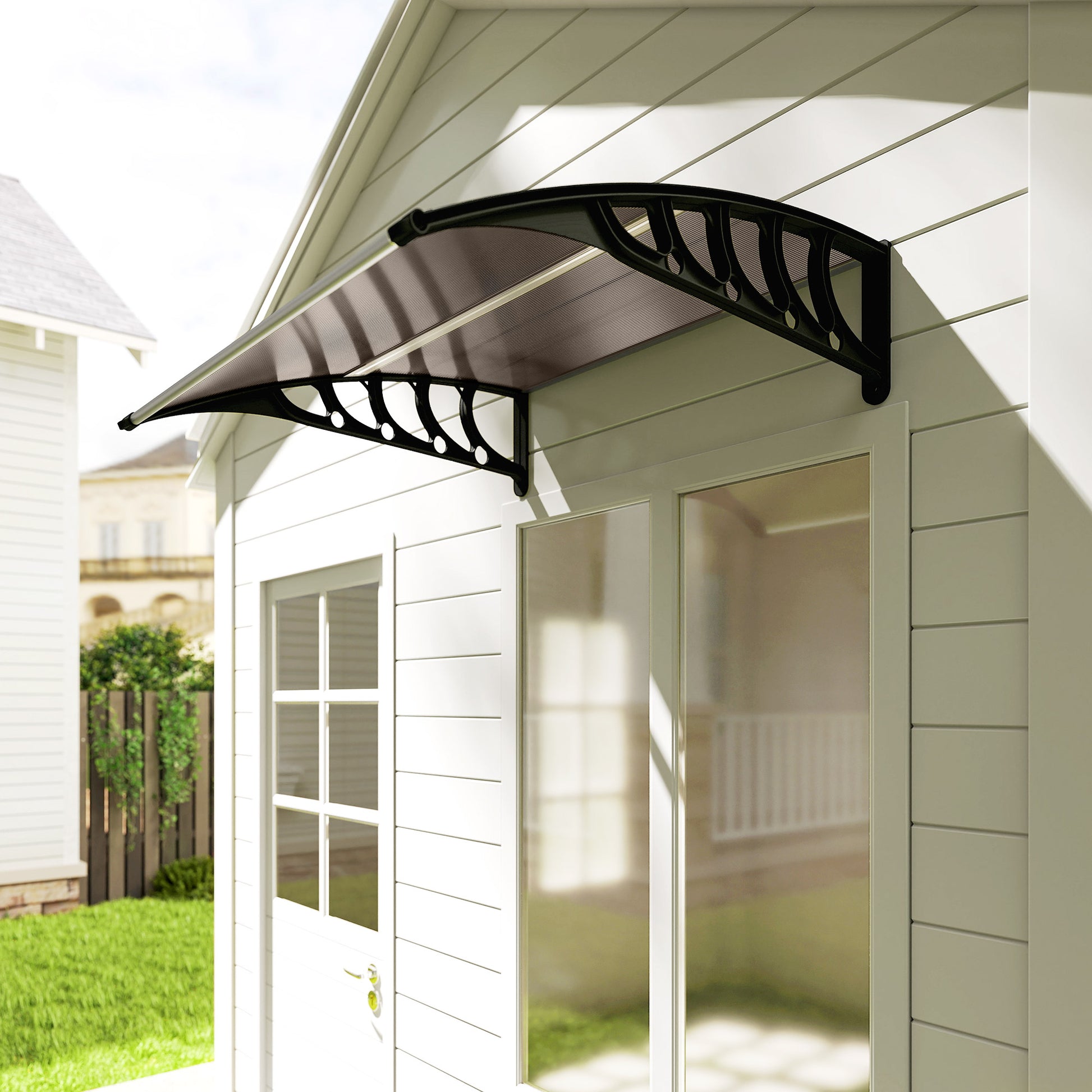 Lean-To Canopy Awning for Front Door 103 x 96.5 x 27 cm Canopy with UV Protection, Rain Protection Sun Protection for Outdoor Use Aluminum Brown