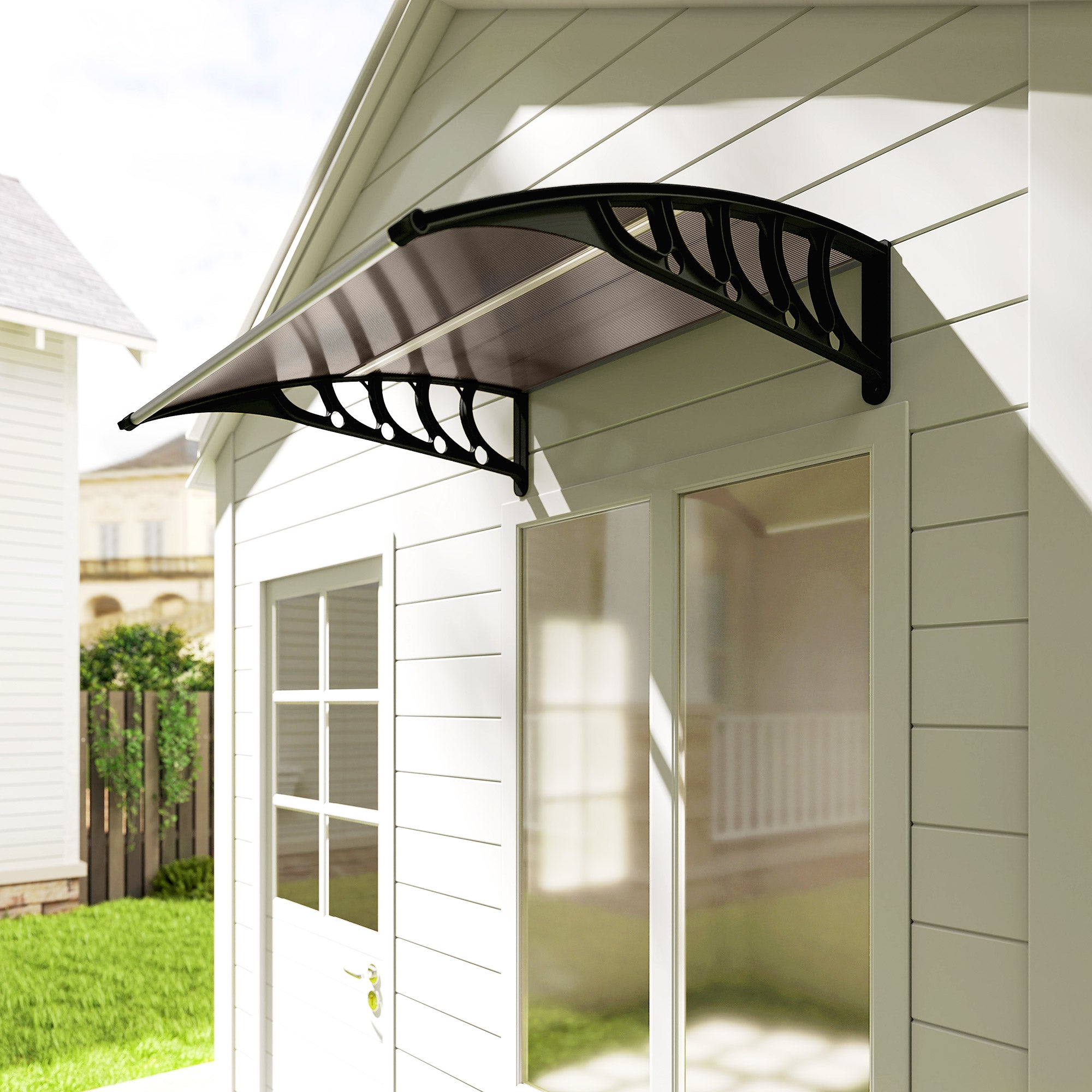 Lean-To Canopy Awning for Front Door 103 x 96.5 x 27 cm Canopy with UV Protection, Rain Protection Sun Protection for Outdoor Use Aluminum Brown