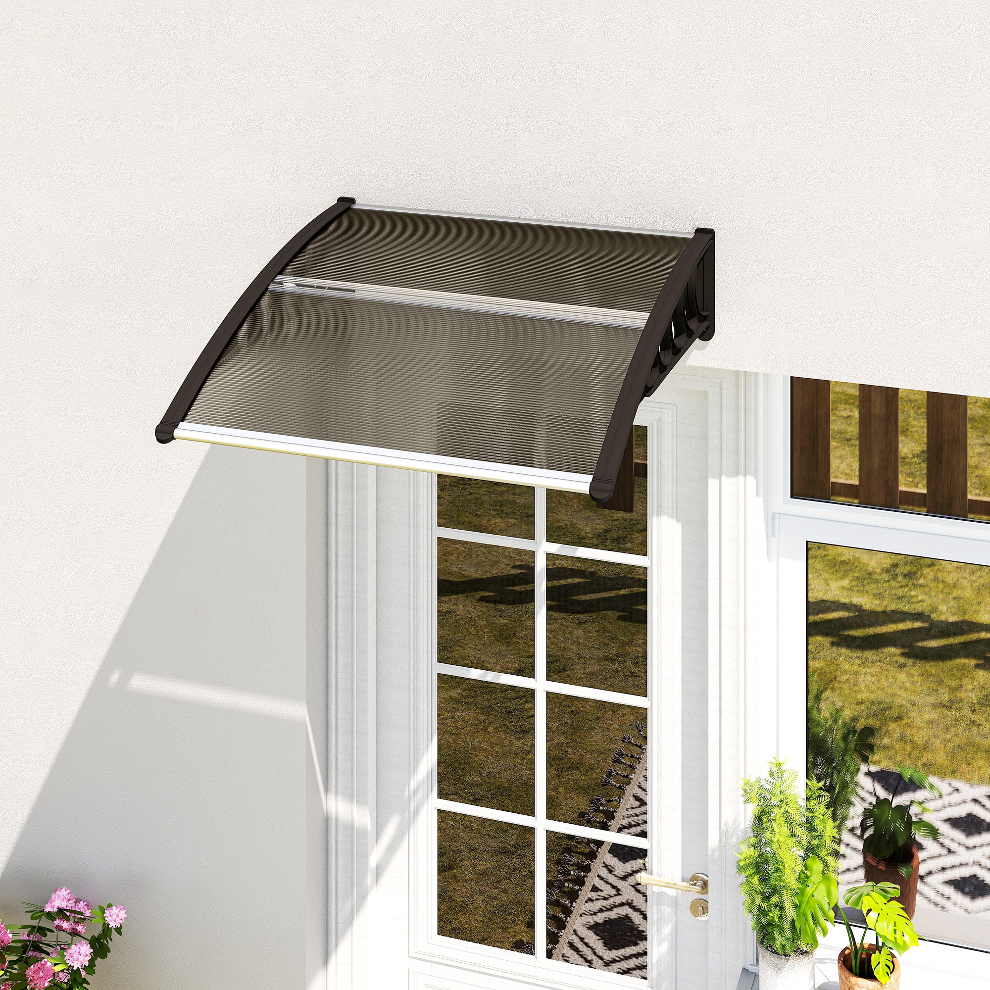 Lean-To Canopy Awning for Front Door 103 x 96.5 x 27 cm Canopy with UV Protection, Rain Protection Sun Protection for Outdoor Use Aluminum Brown