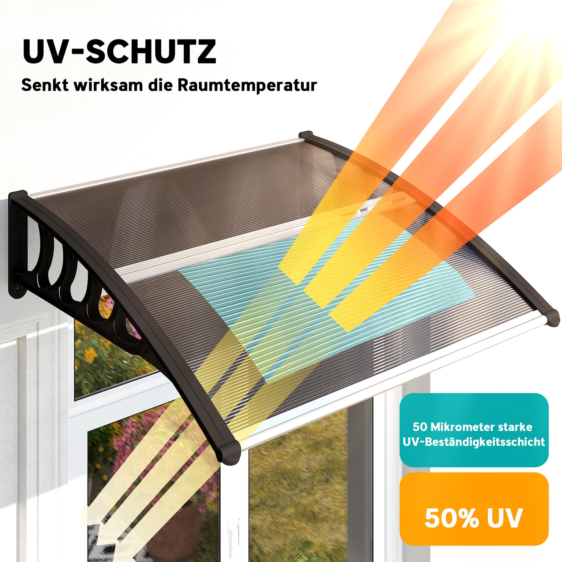Lean-To Canopy Awning for Front Door 103 x 96.5 x 27 cm Canopy with UV Protection, Rain Protection Sun Protection for Outdoor Use Aluminum Brown