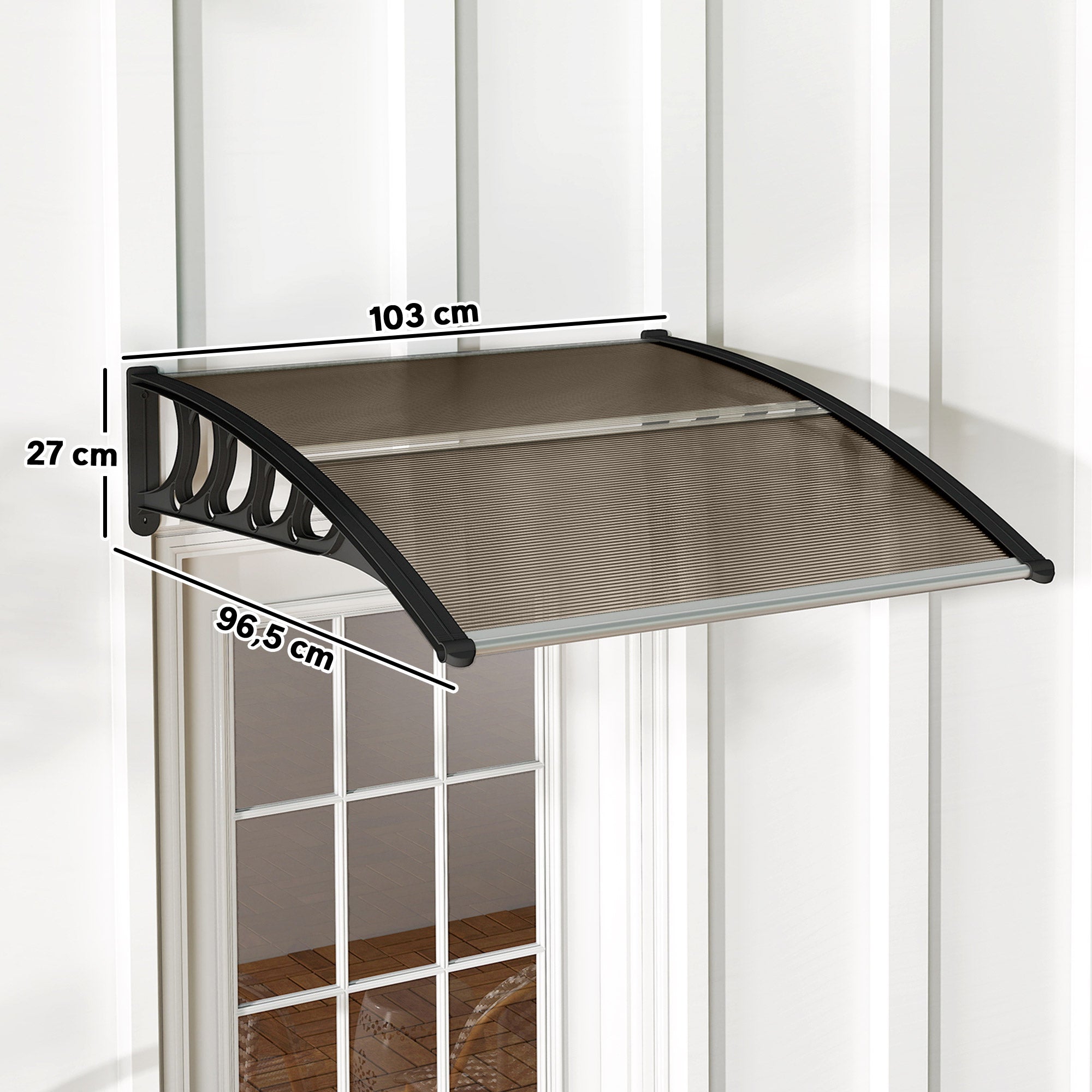 Lean-To Canopy Awning for Front Door 103 x 96.5 x 27 cm Canopy with UV Protection, Rain Protection Sun Protection for Outdoor Use Aluminum Brown