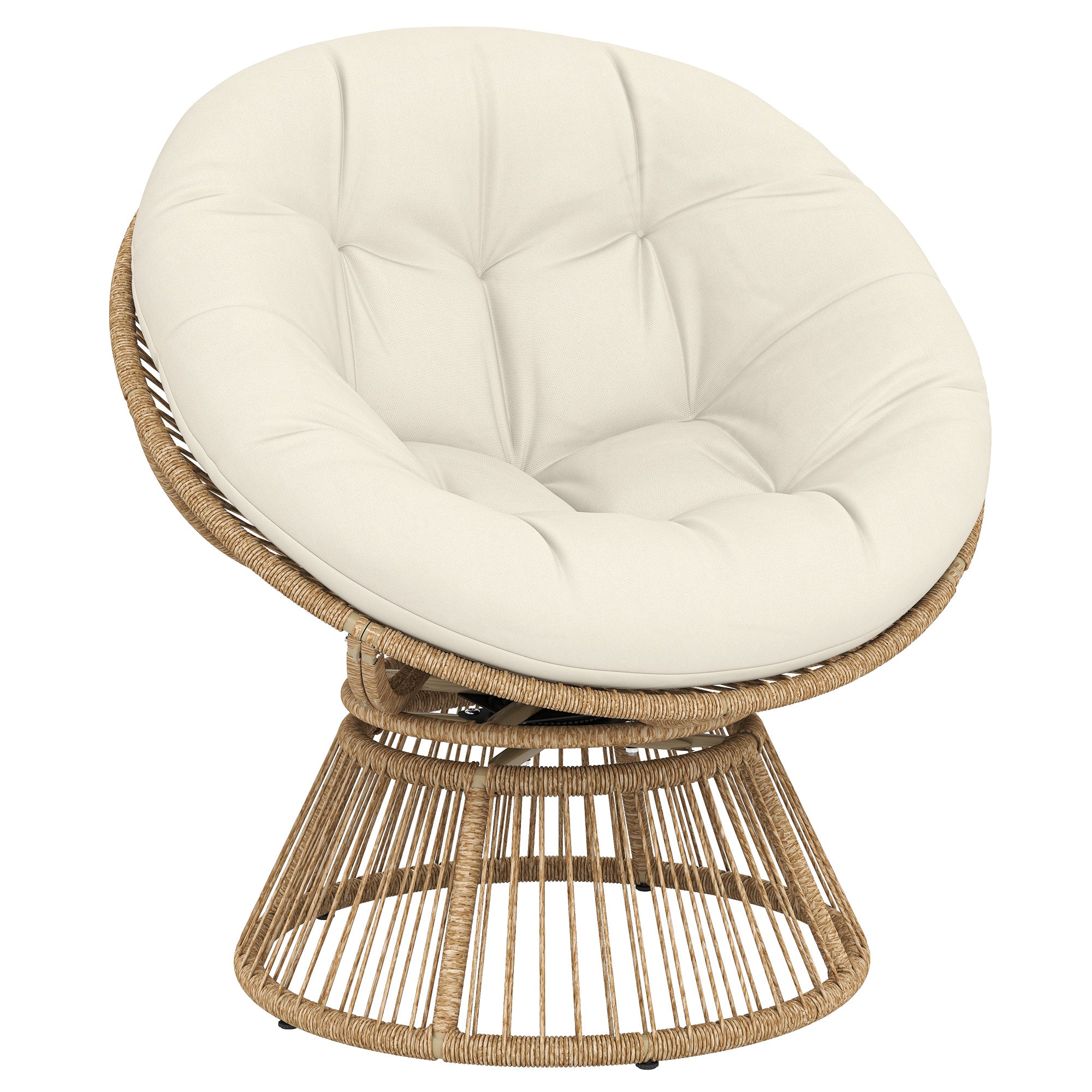360° Swivel Papasan Chair with Cushion, Round PE Rattan Lounger on Steel Frame — Cream White
