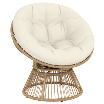 360° Swivel Papasan Chair with Cushion, Round PE Rattan Lounger on Steel Frame — Cream White