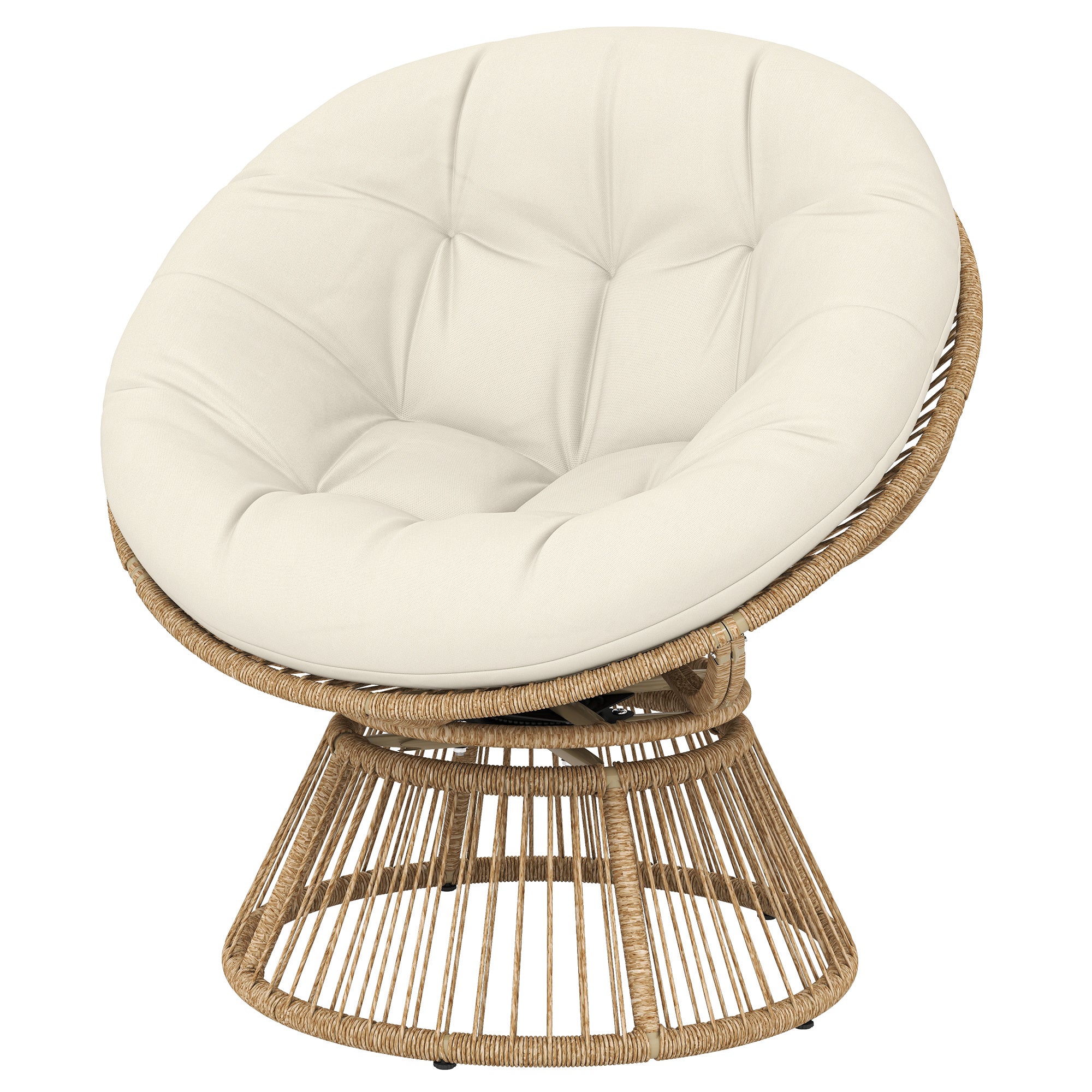 360° Swivel Papasan Chair with Cushion, Round PE Rattan Lounger on Steel Frame — Cream White
