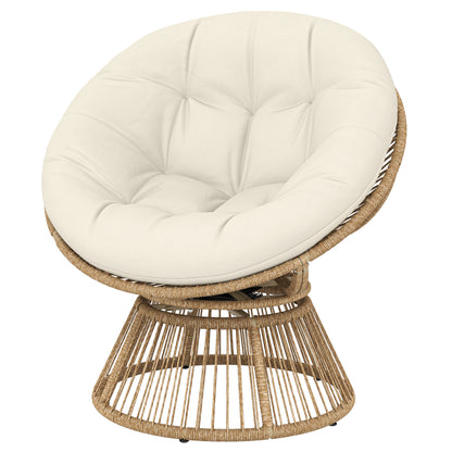 360° Swivel Papasan Chair with Cushion, Round PE Rattan Lounger on Steel Frame — Cream White