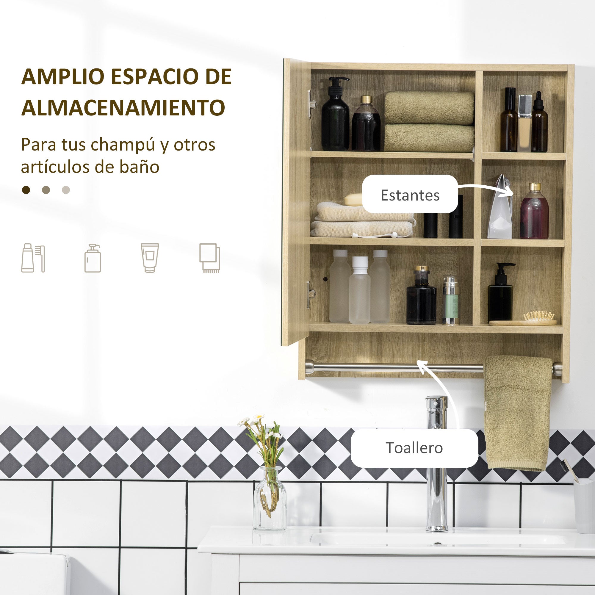 Bathroom Cabinet with Mirror Wall Cabinet with 1 Door Adjustable Shelf Towel Holder and Compartment Hanging Bathroom Furniture for Living Room 60x15x70 cm Oak