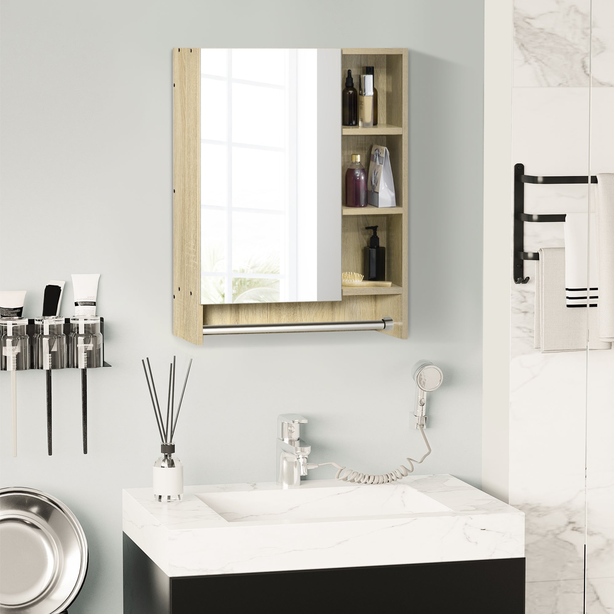 Bathroom Cabinet with Mirror Wall Cabinet with 1 Door Adjustable Shelf Towel Holder and Compartment Hanging Bathroom Furniture for Living Room 60x15x70 cm Oak