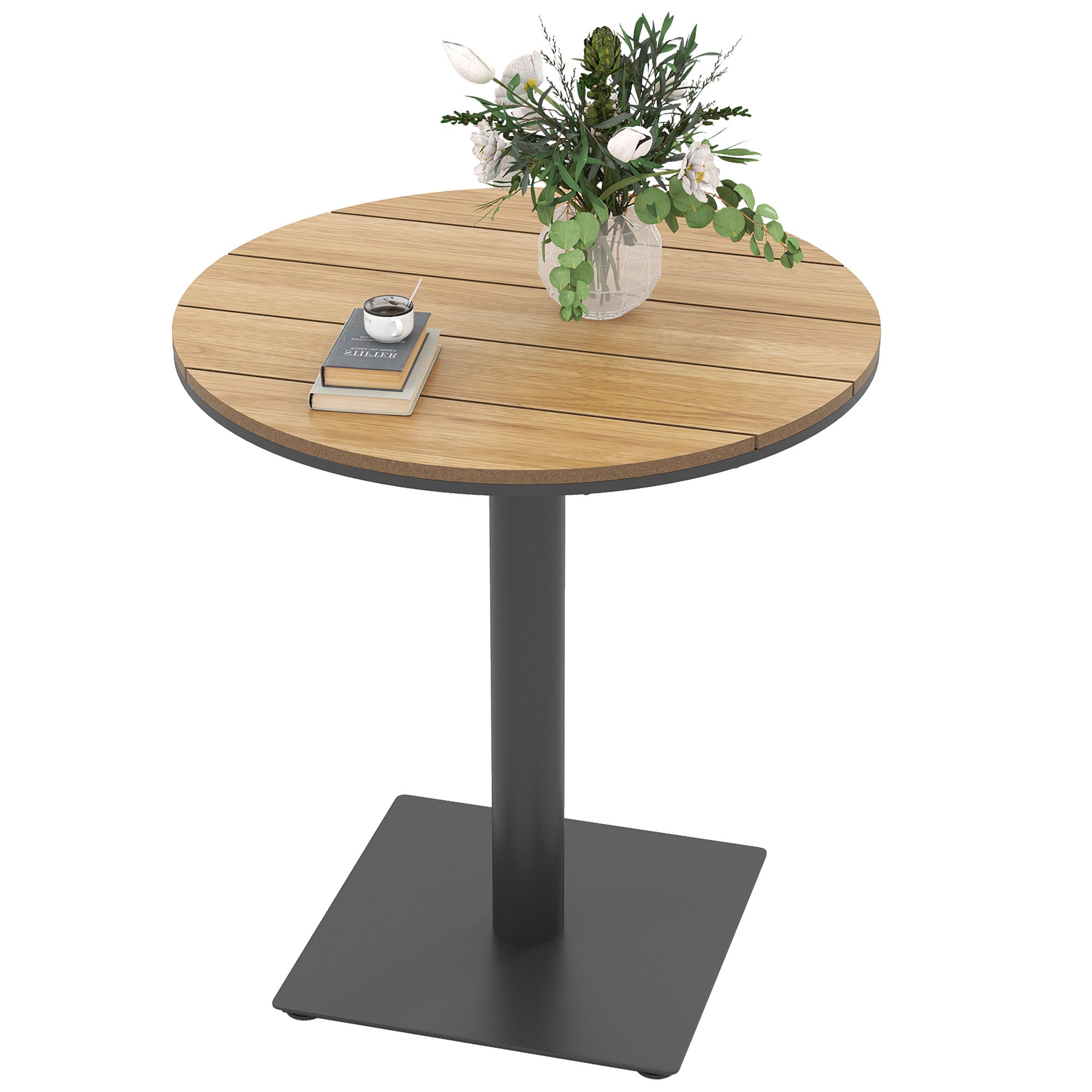 Garden Table Ø70 cm, Weatherproof Round Balcony Table with Slatted Design, Steel Dining Table Outdoor, Camping Side Table, Patio Table for Garden Terrace Balcony Natural Wood