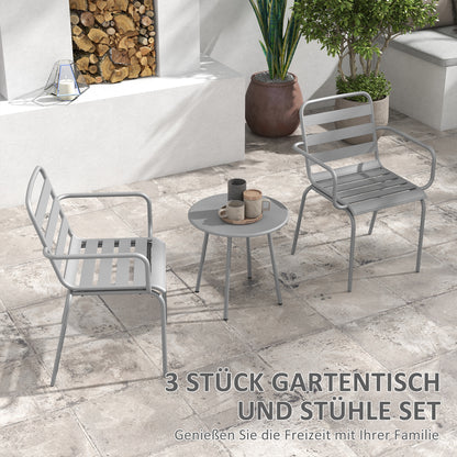 3 Piece Bistro Set Garden Furniture Set with 1 Coffee Table, 2 Stackable Chairs, Balcony Set, Seating Group for Balcony, Terrace, Steel, Light grey