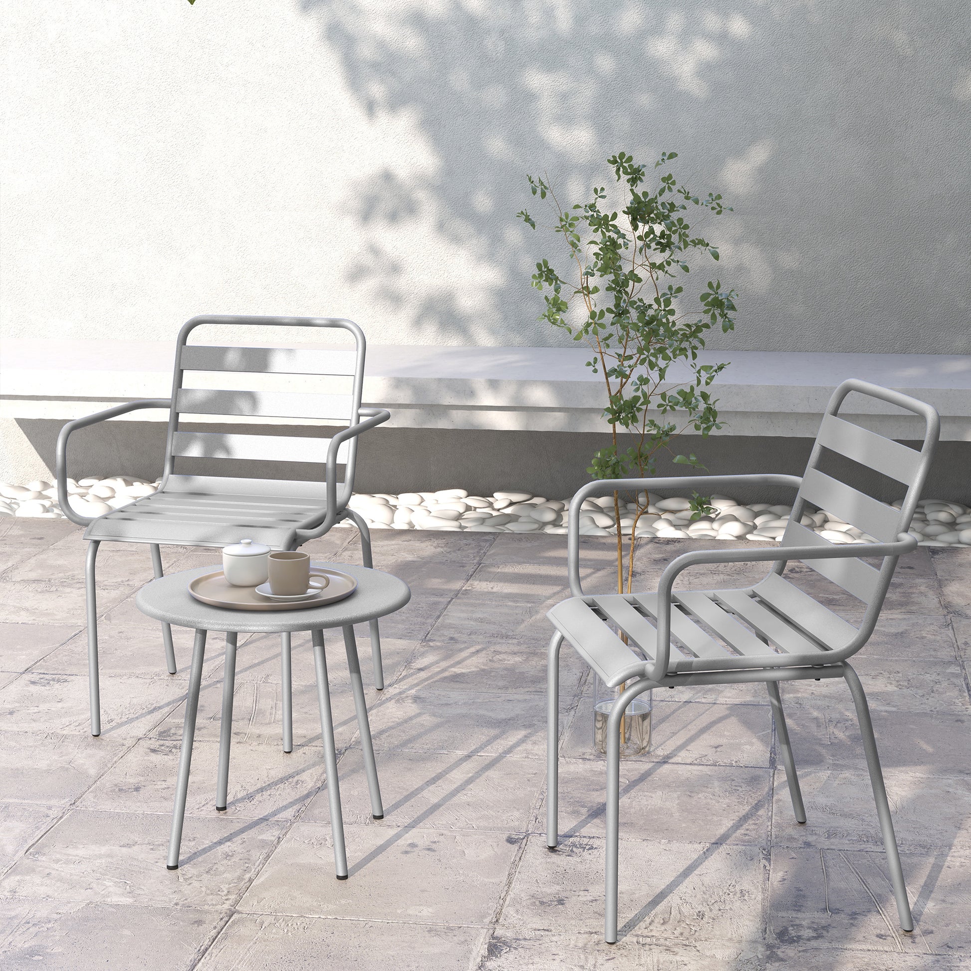 3 Piece Bistro Set Garden Furniture Set with 1 Coffee Table, 2 Stackable Chairs, Balcony Set, Seating Group for Balcony, Terrace, Steel, Light grey