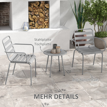 3 Piece Bistro Set Garden Furniture Set with 1 Coffee Table, 2 Stackable Chairs, Balcony Set, Seating Group for Balcony, Terrace, Steel, Light grey