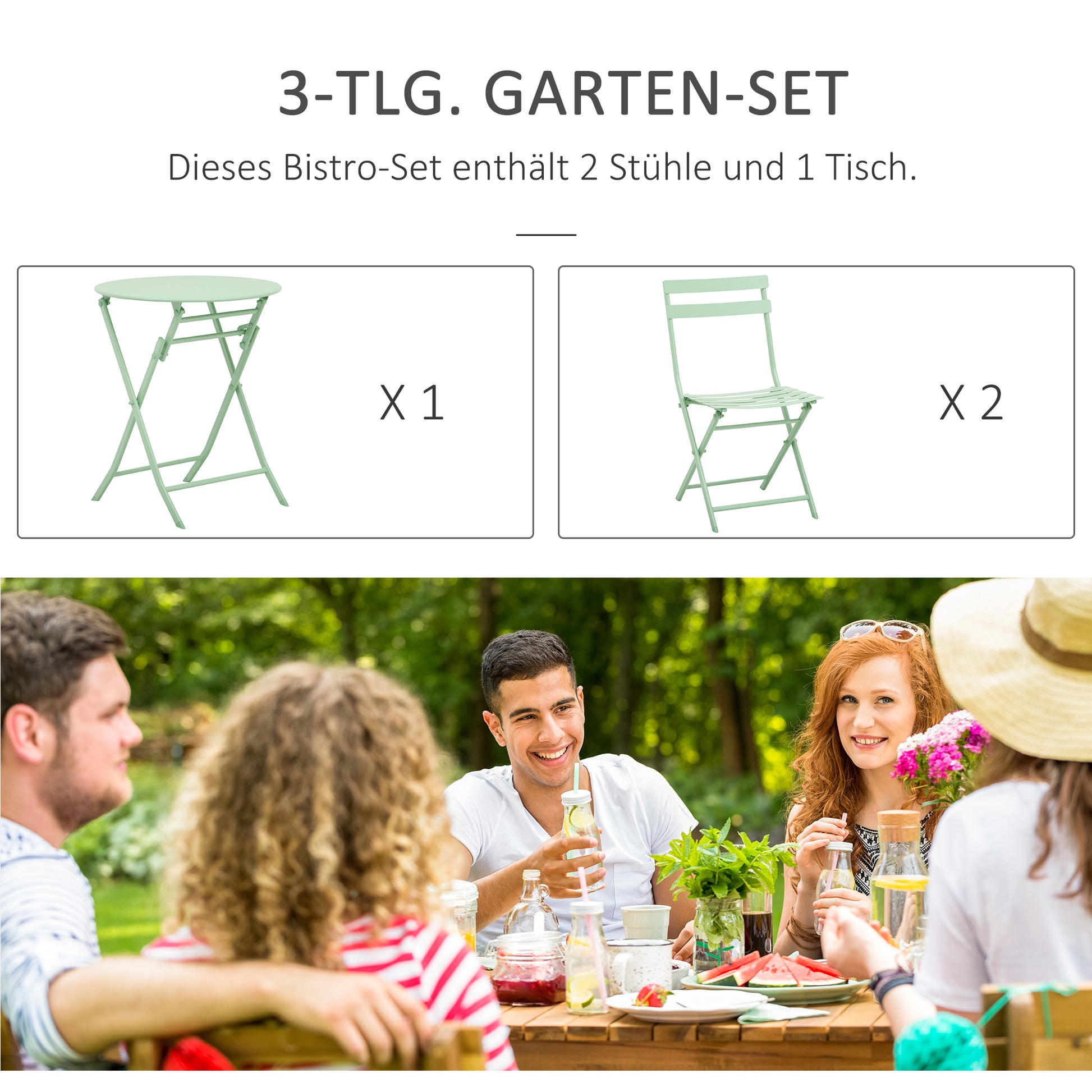 3-piece Garden Set Balcony Furniture Set Bistro Table with 2 Chairs for Yard Garden Foldable Green