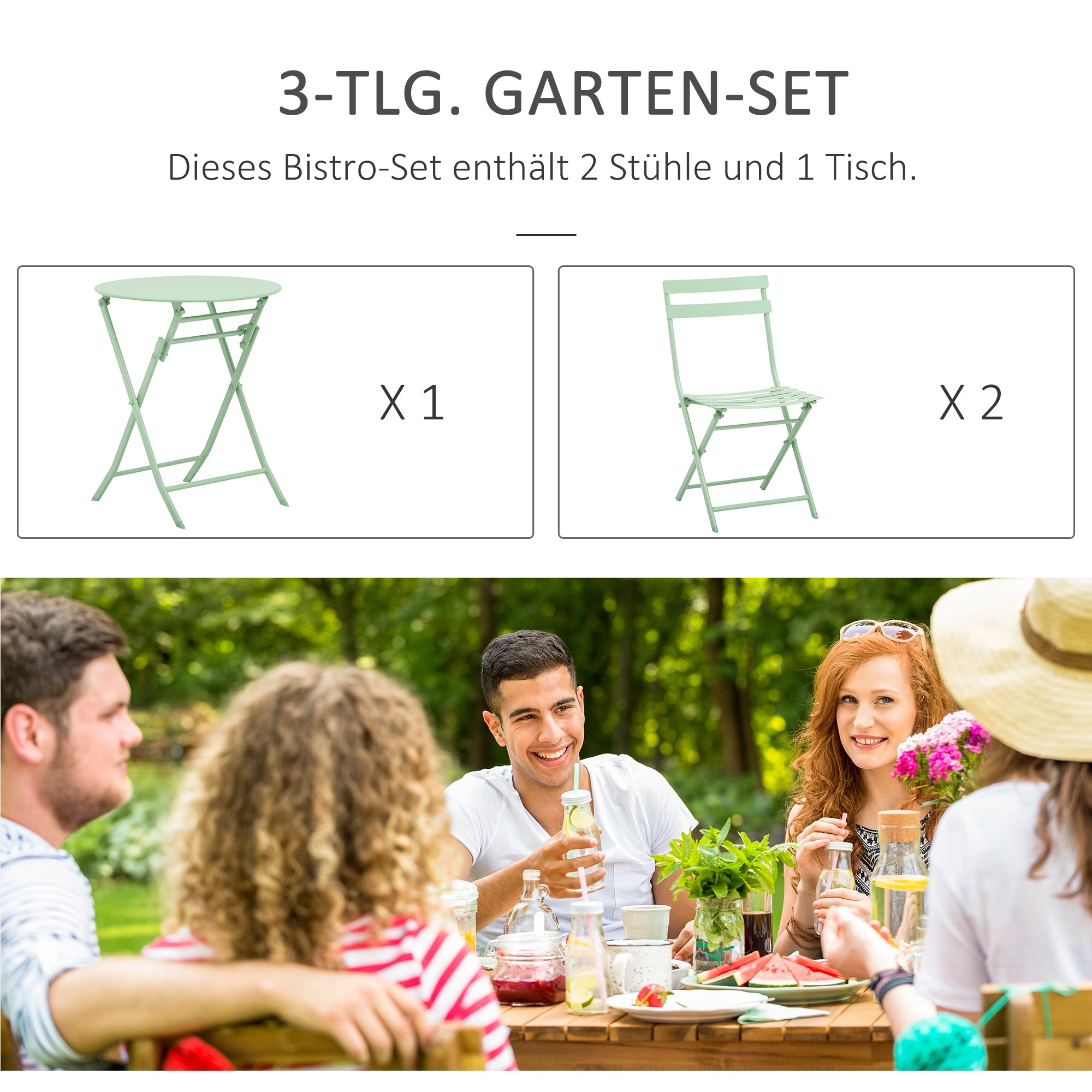 3-piece Garden Set Balcony Furniture Set Bistro Table with 2 Chairs for Yard Garden Foldable Green
