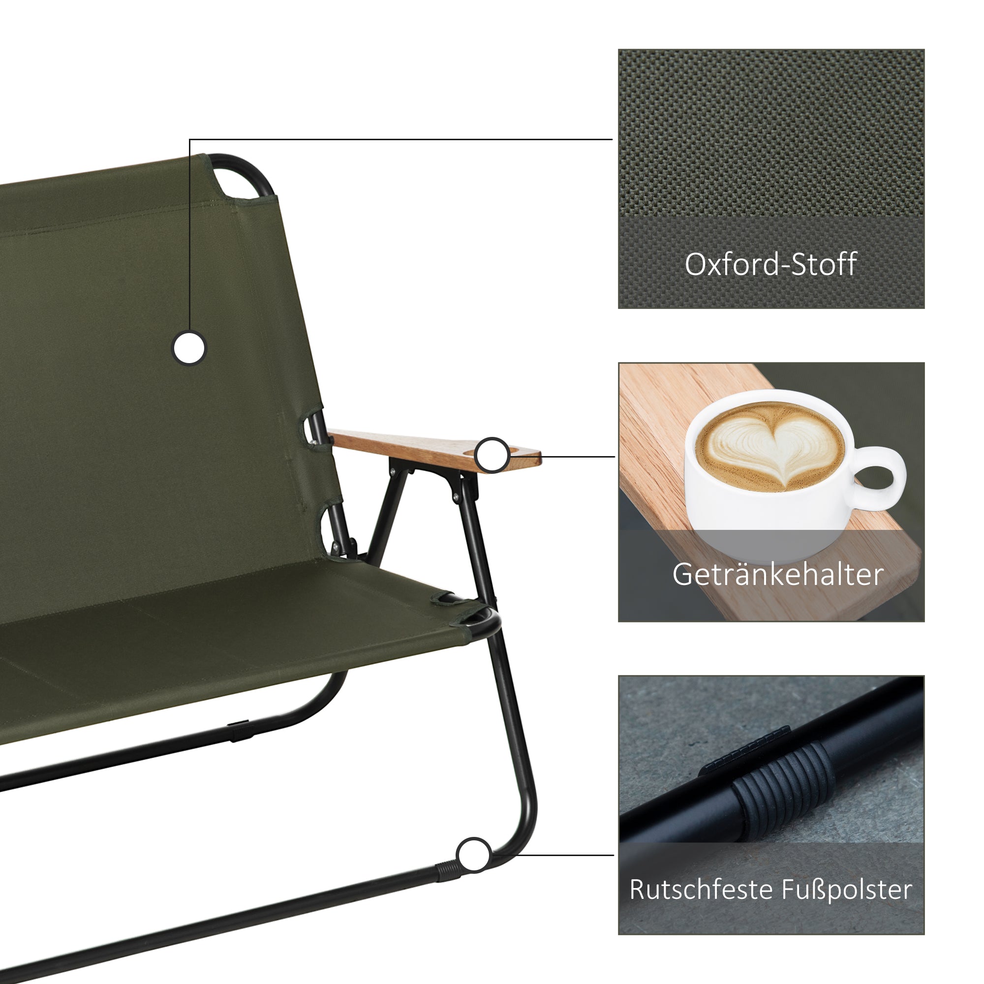 Folding Chair 2-Seater Foldable Camping Chair with Armrests Drink Holder Outdoor Folding Chair up to 160 kg Capacity Robust Fishing Chair Garden Chair for Garden Camping Beach