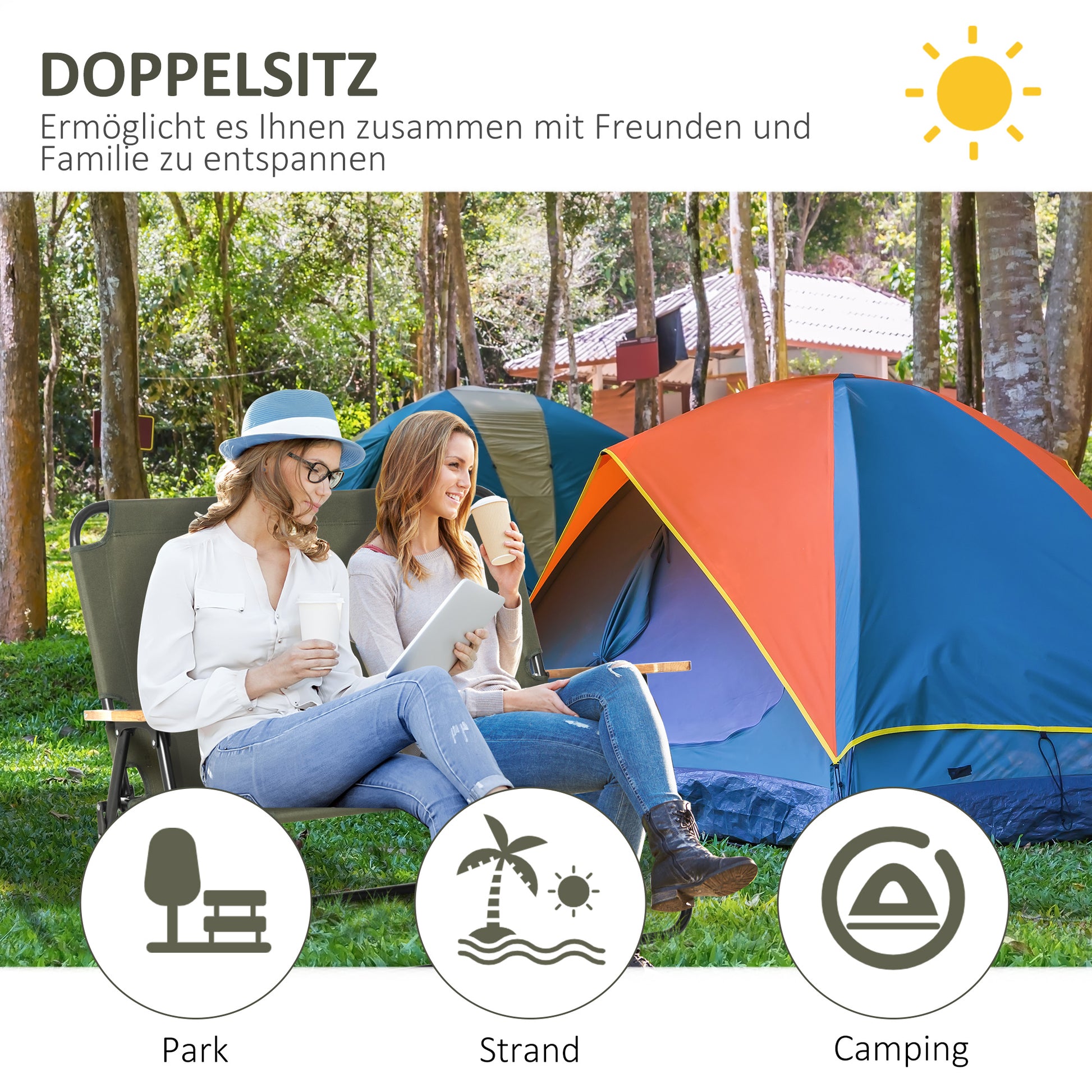 Folding Chair 2-Seater Foldable Camping Chair with Armrests Drink Holder Outdoor Folding Chair up to 160 kg Capacity Robust Fishing Chair Garden Chair for Garden Camping Beach