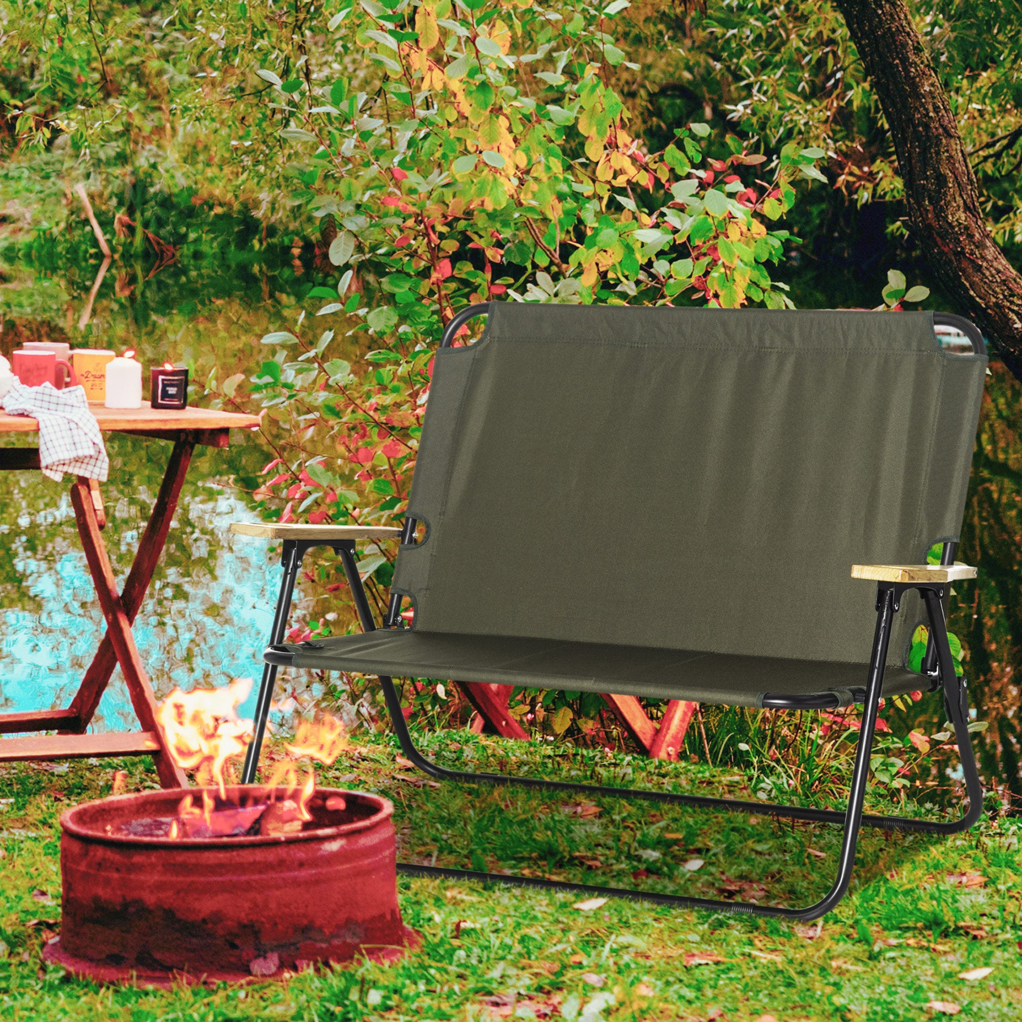 Folding Chair 2-Seater Foldable Camping Chair with Armrests Drink Holder Outdoor Folding Chair up to 160 kg Capacity Robust Fishing Chair Garden Chair for Garden Camping Beach